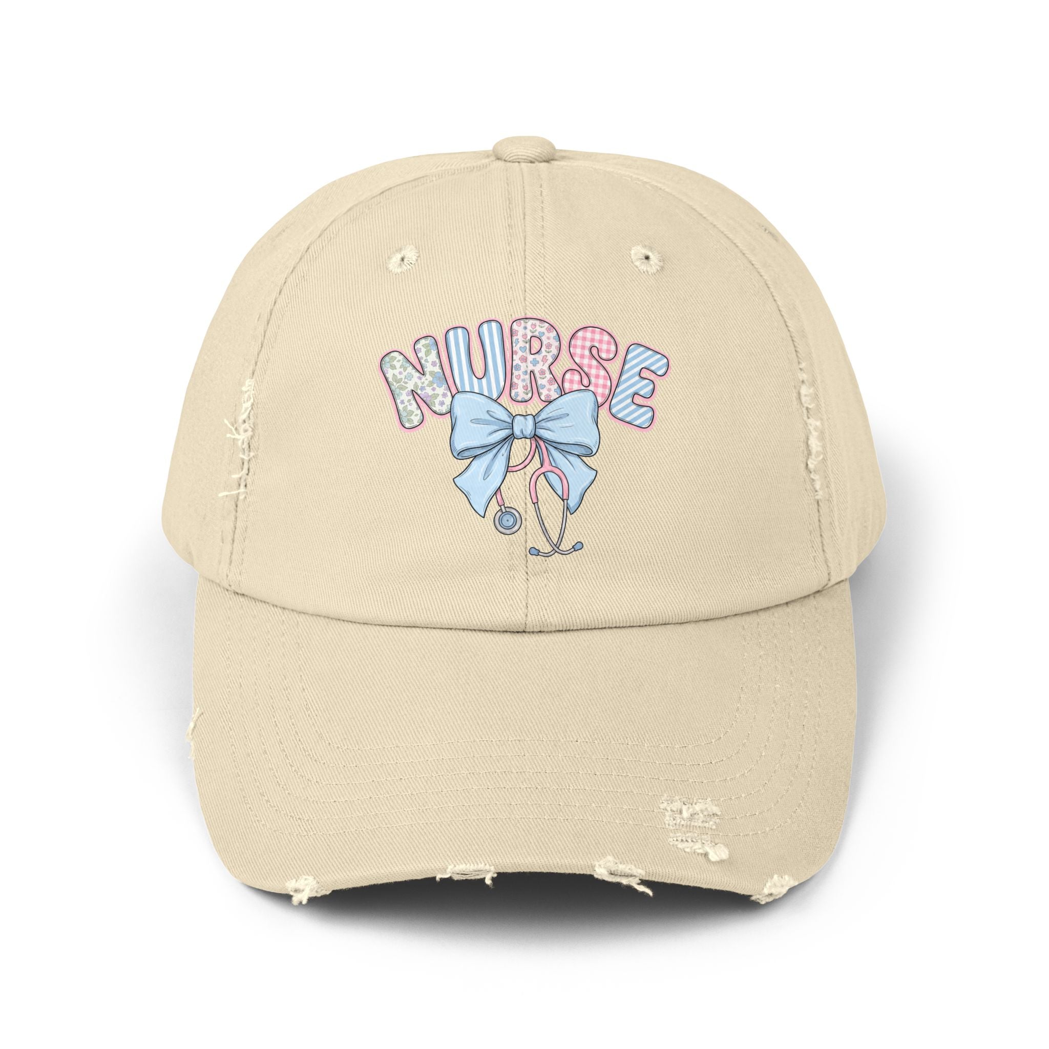 Nurse Distressed Cap Pink Floral Letters with Blue Bow