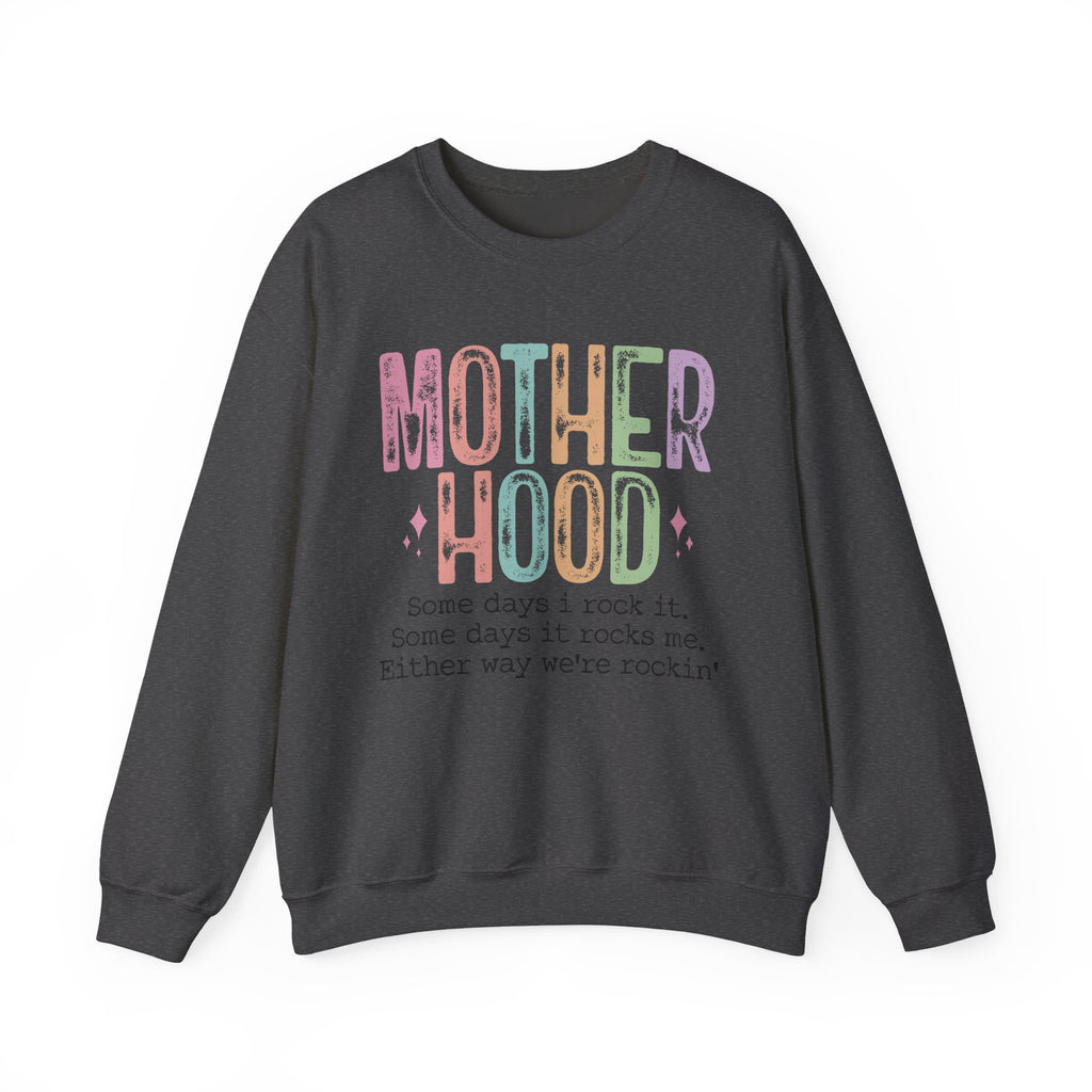 Motherhood Crewneck Sweatshirt — 'Motherhood' Colorful Retro Mom Life Pullover