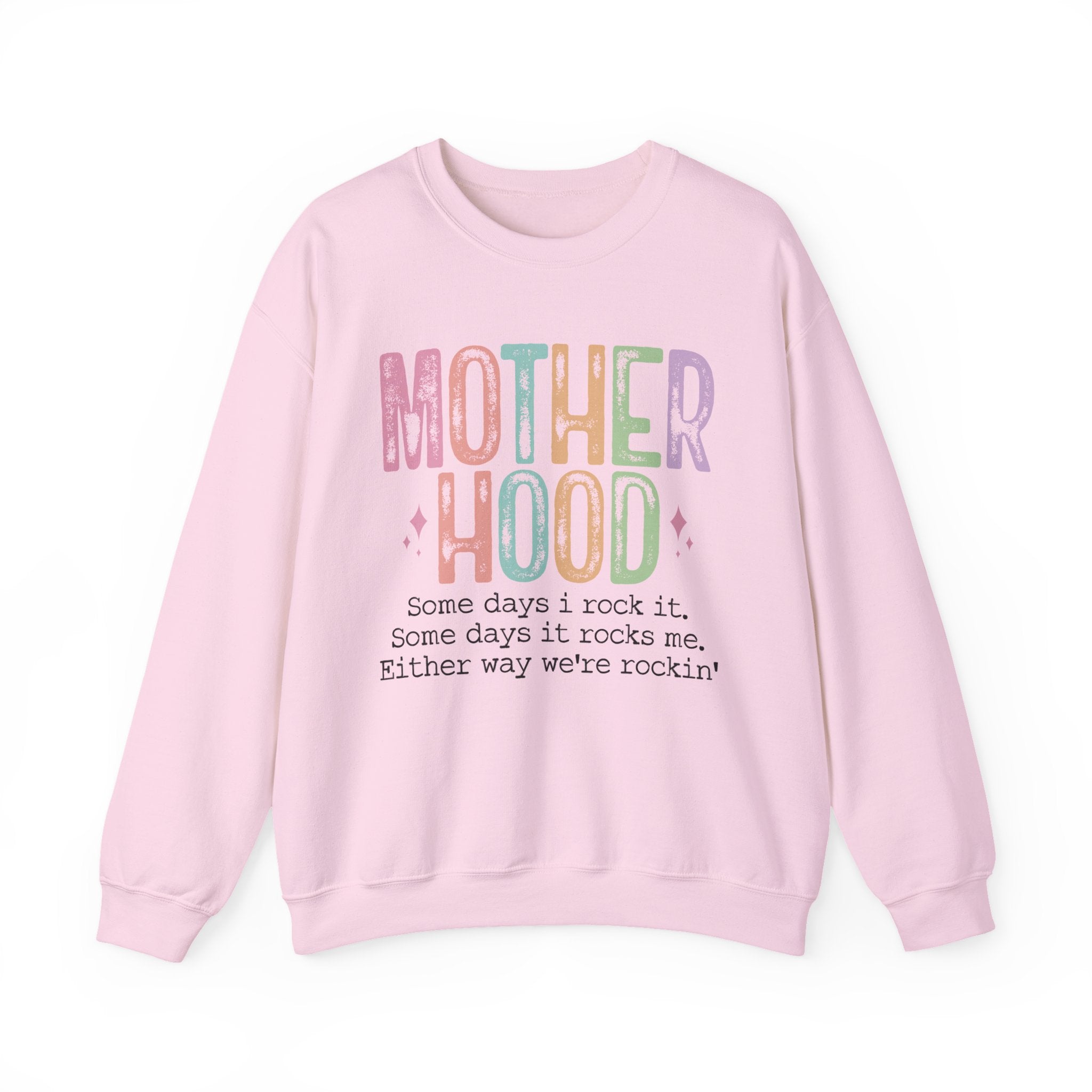 Motherhood Crewneck Sweatshirt — 'Motherhood' Colorful Retro Mom Life Pullover