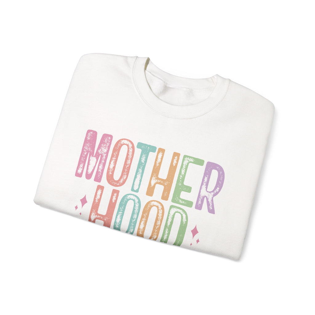 Motherhood Crewneck Sweatshirt — 'Motherhood' Colorful Retro Mom Life Pullover