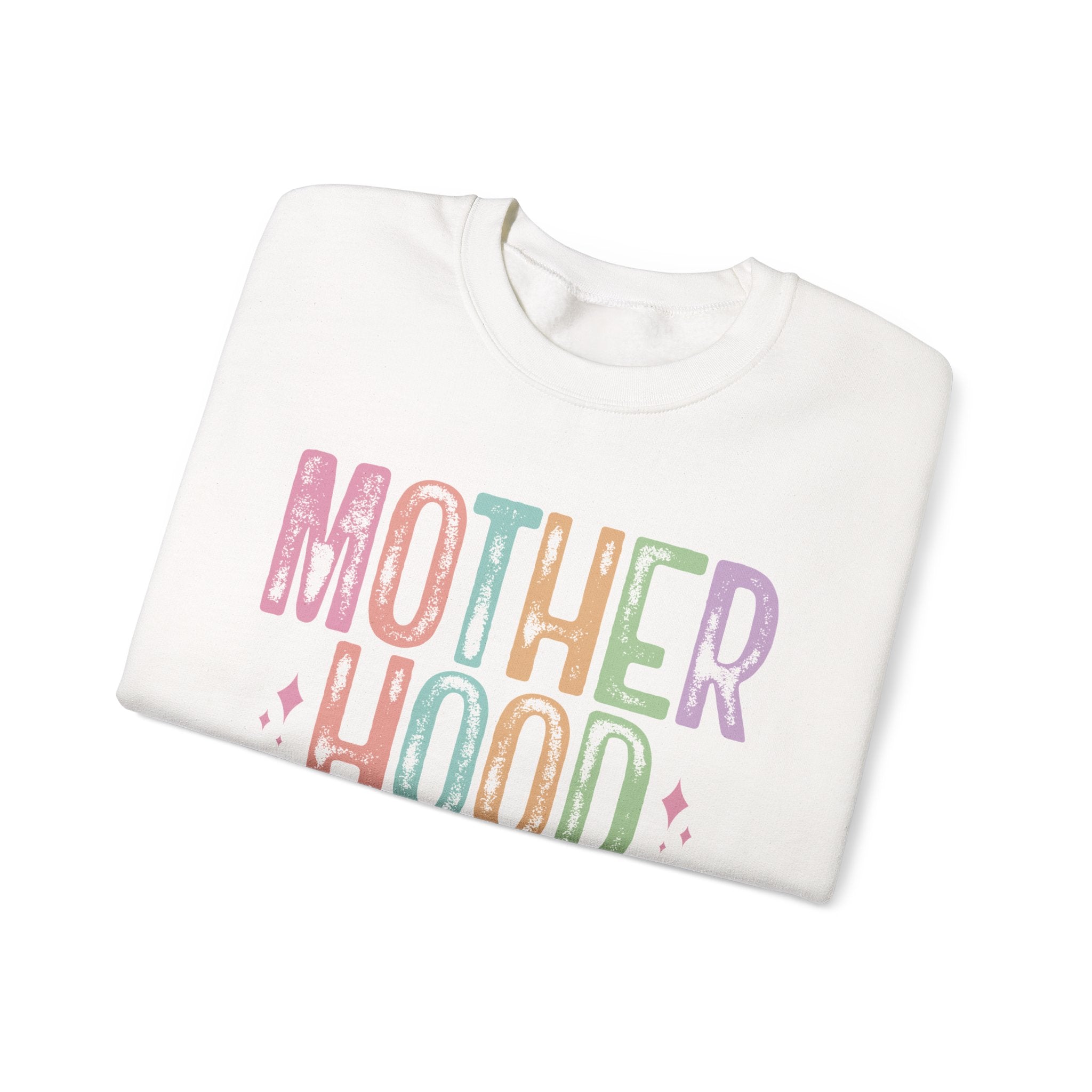 Motherhood Crewneck Sweatshirt — 'Motherhood' Colorful Retro Mom Life Pullover