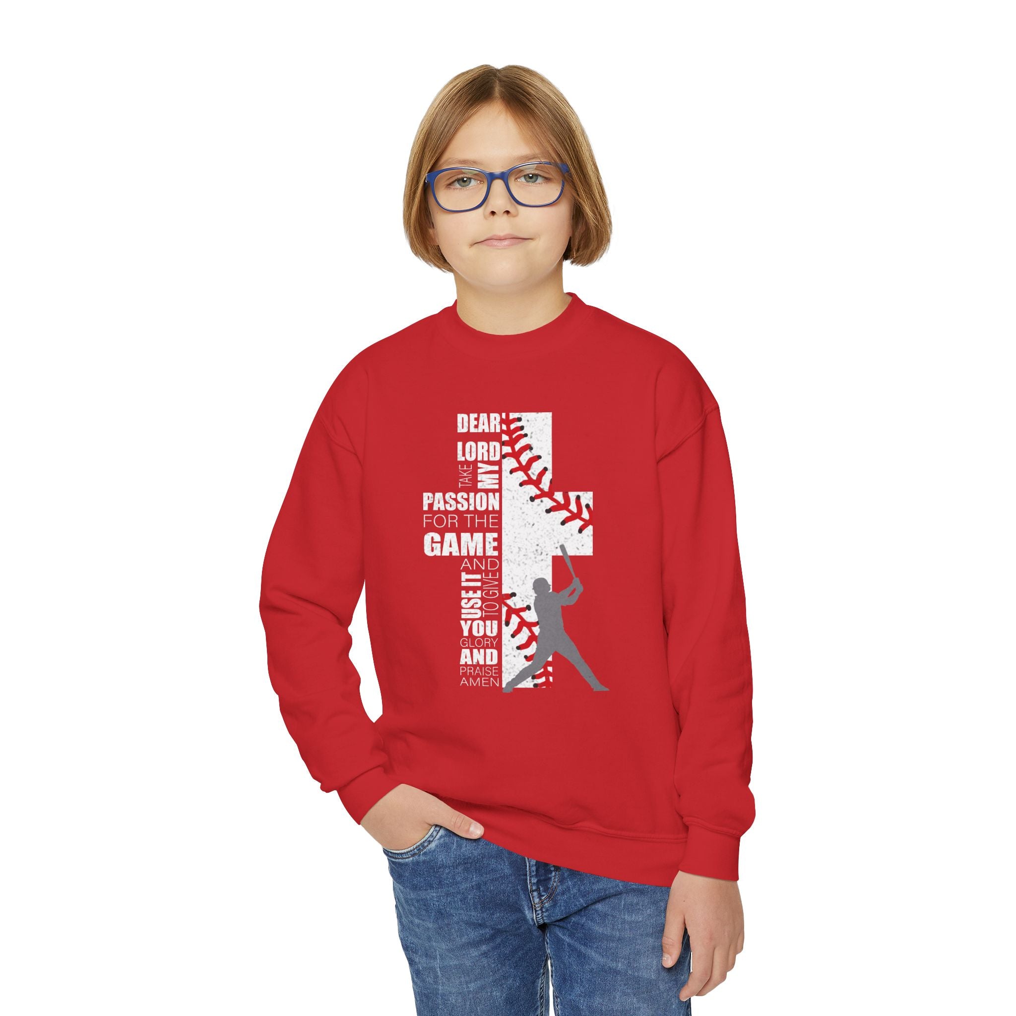 Youth Baseball Crewneck Sweatshirt - Batter & Red Stitch Design