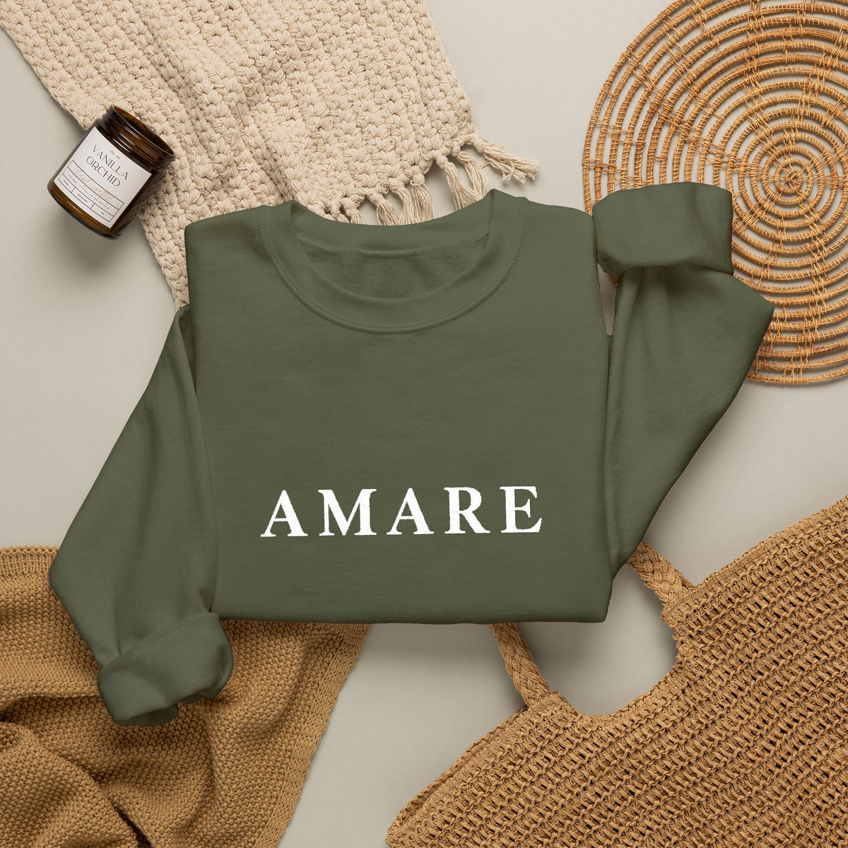 Amare Distressed Text Crewneck Sweatshirt - Olive Casual Pullover