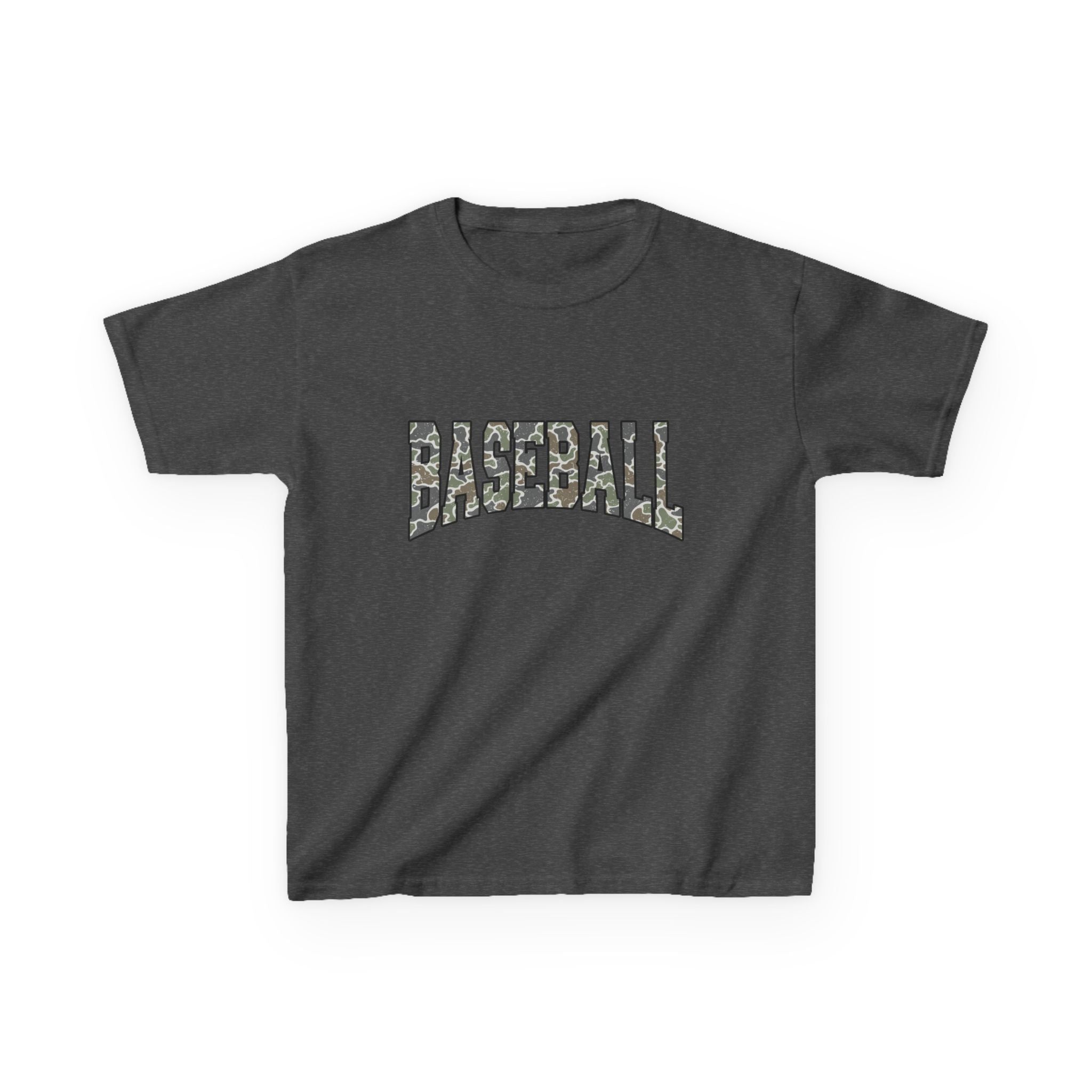 Kids Baseball Tee — Camo Lettering Youth Sports Shirt