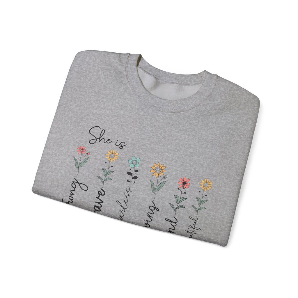 Crewneck Sweatshirt — "She is Strong, Brave, Beautiful, Loved, Kind" Floral Mom Gift