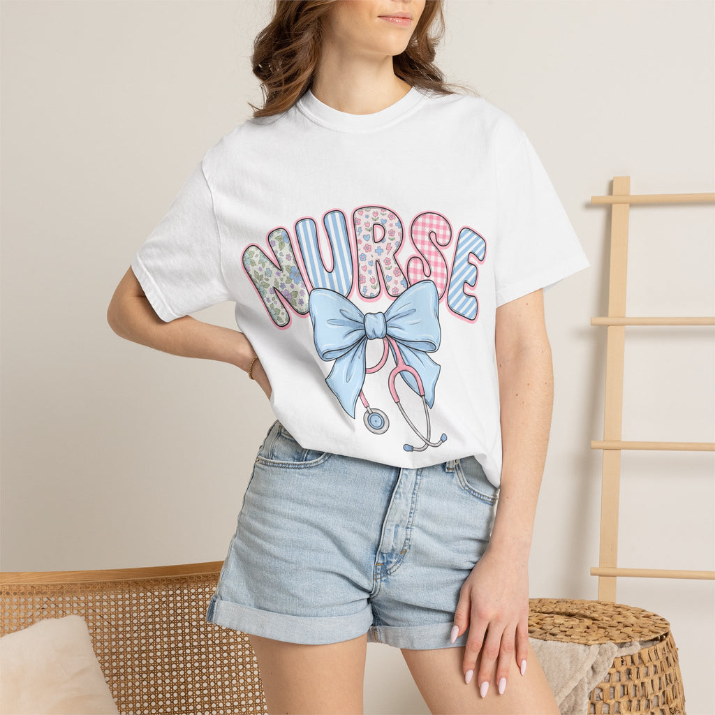 Nurse Bow Stethoscope T-Shirt Pastel Floral Nursing
