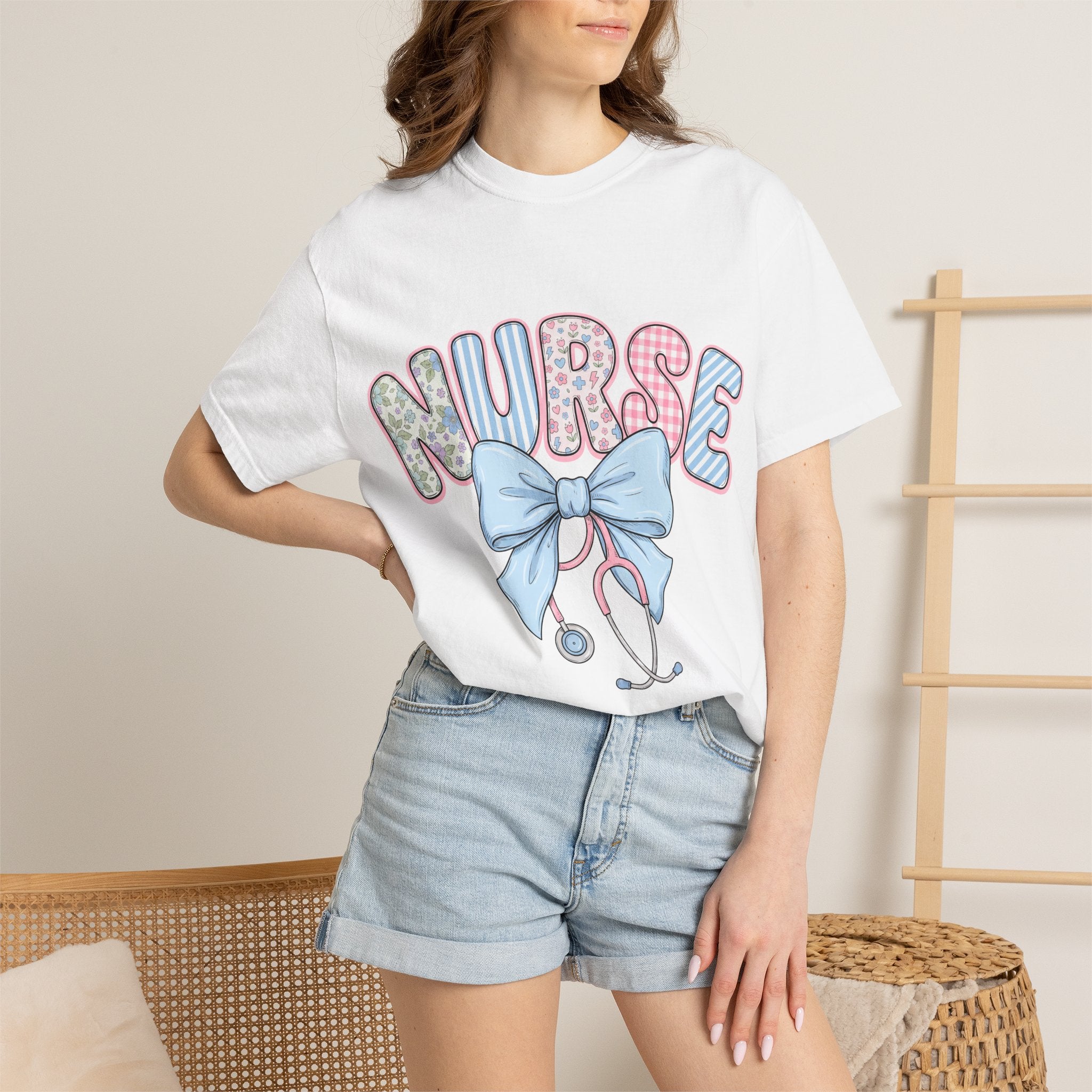 Nurse Bow Stethoscope T-Shirt Pastel Floral Nursing