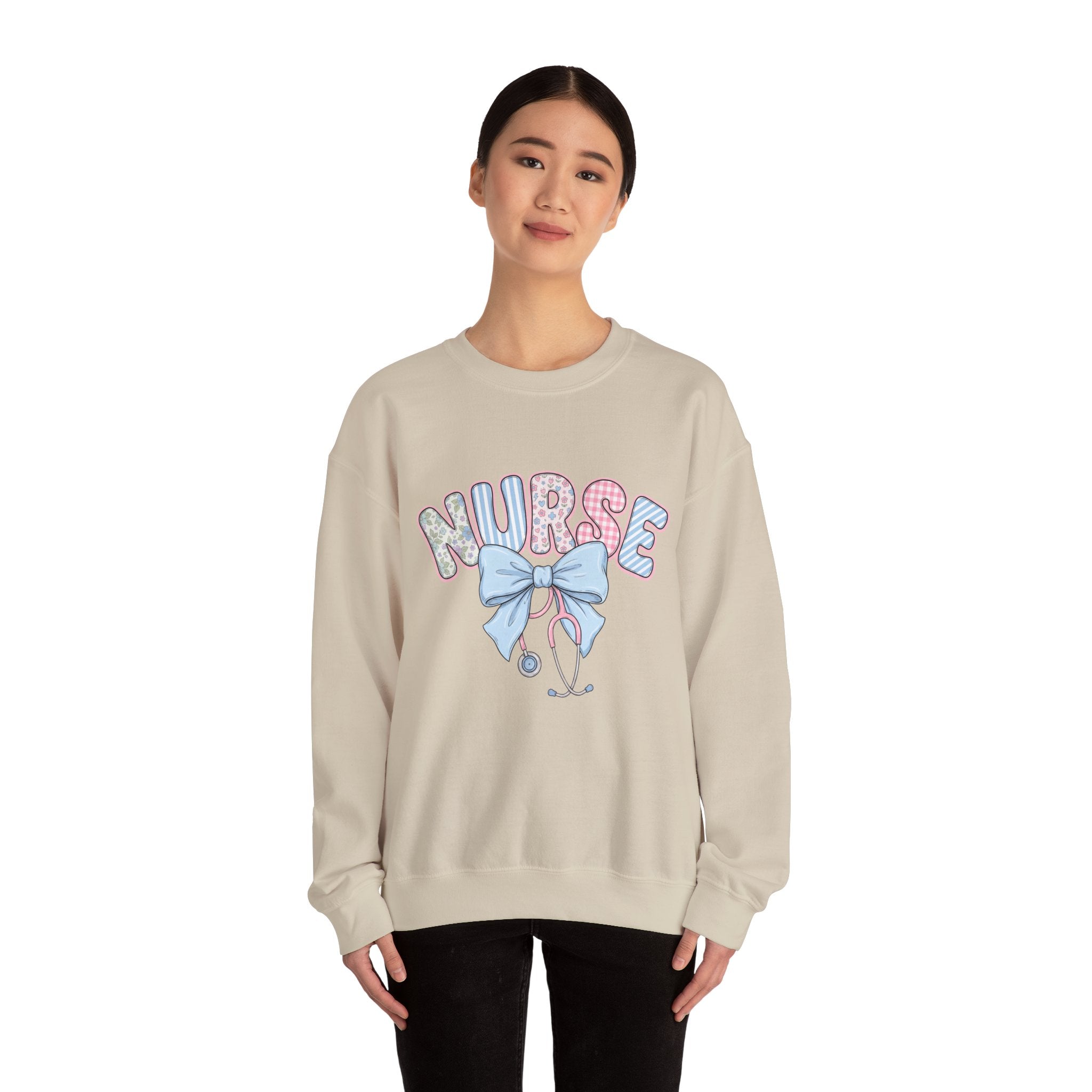 Nurse Crewneck Sweatshirt Pastel Bow & Stethoscope Design