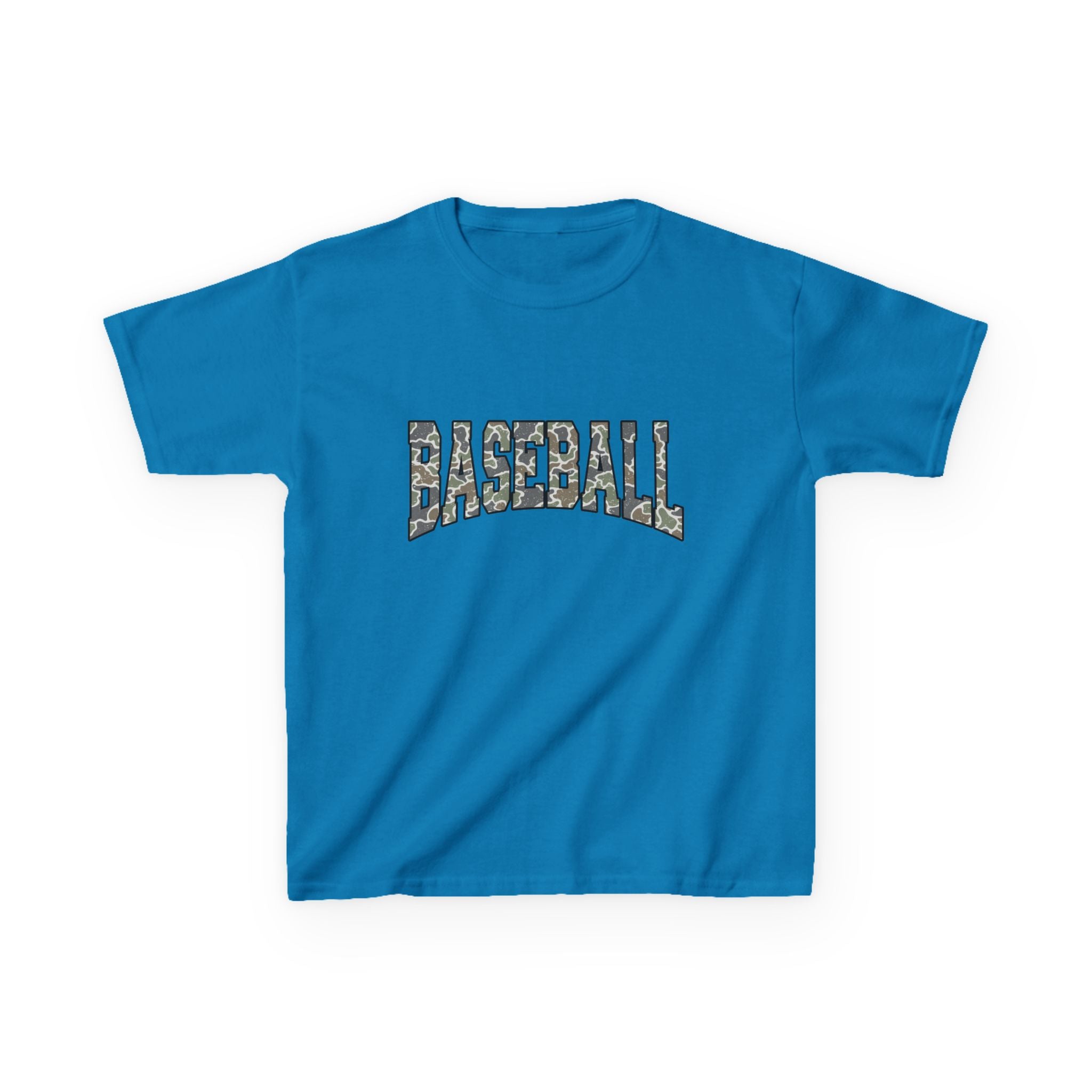 Kids Baseball Tee — Camo Lettering Youth Sports Shirt