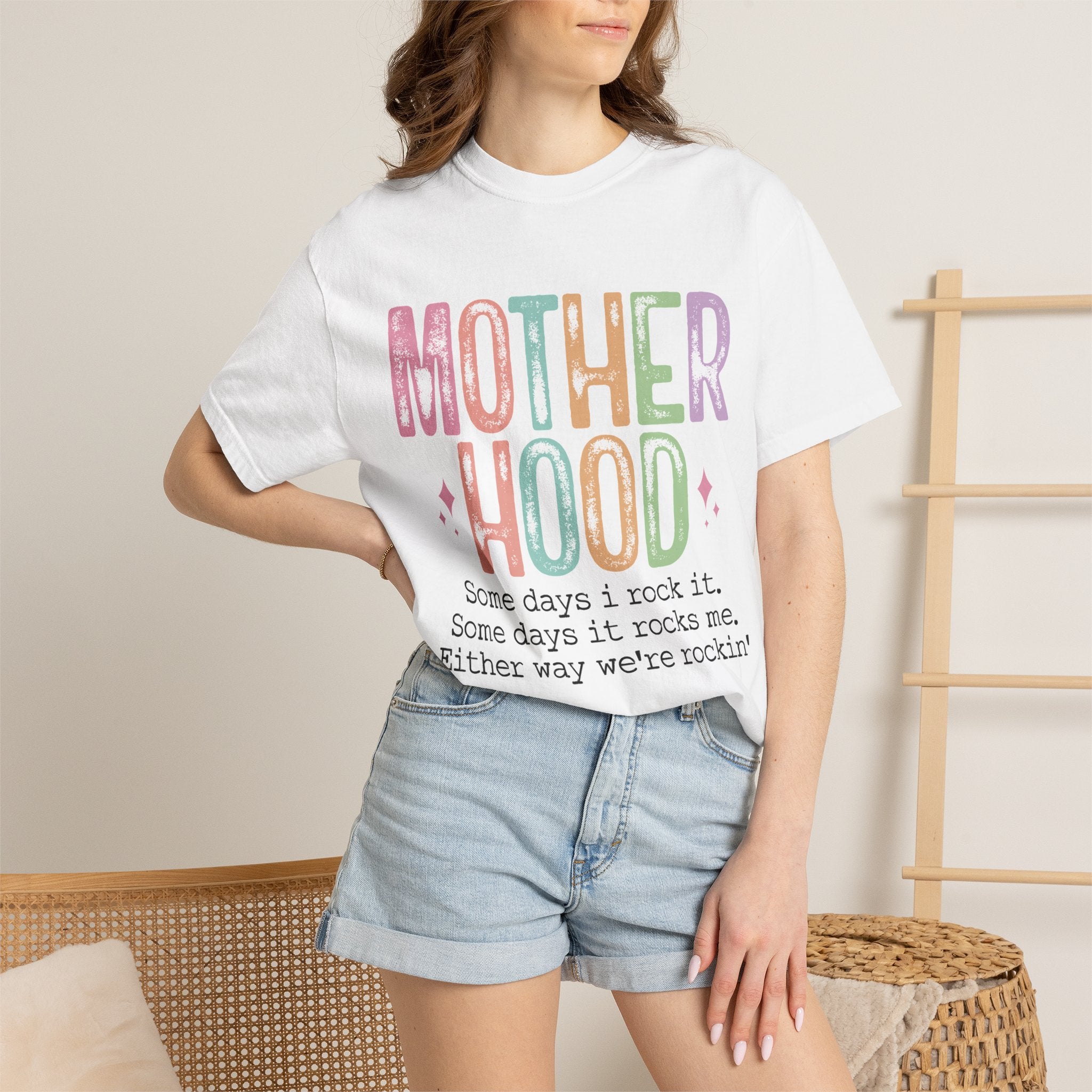 Motherhood Graphic Tee — “Mother Hood: Some days I rock it…”