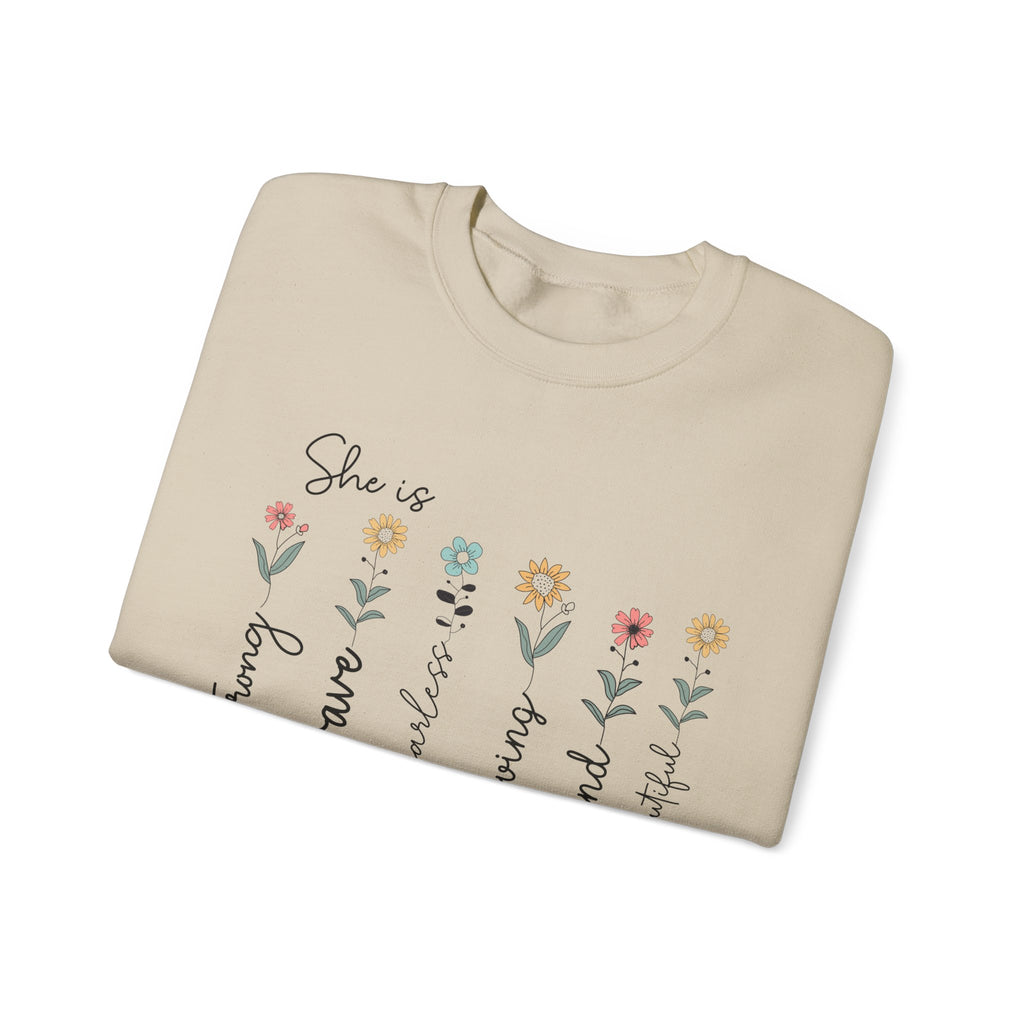 Crewneck Sweatshirt — "She is Strong, Brave, Beautiful, Loved, Kind" Floral Mom Gift