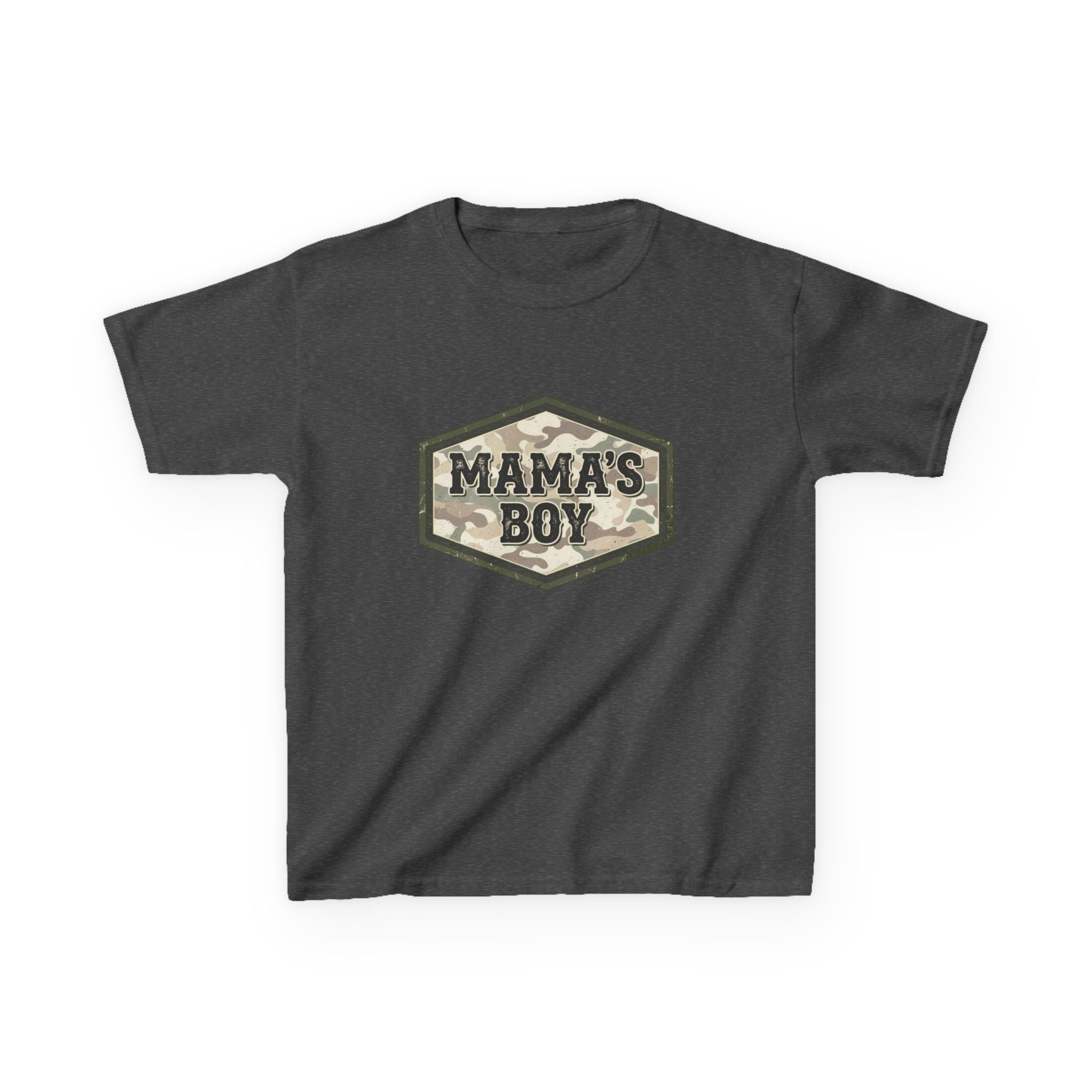 Kids T-Shirt — "Mama's Boy" Camo Badge Tee