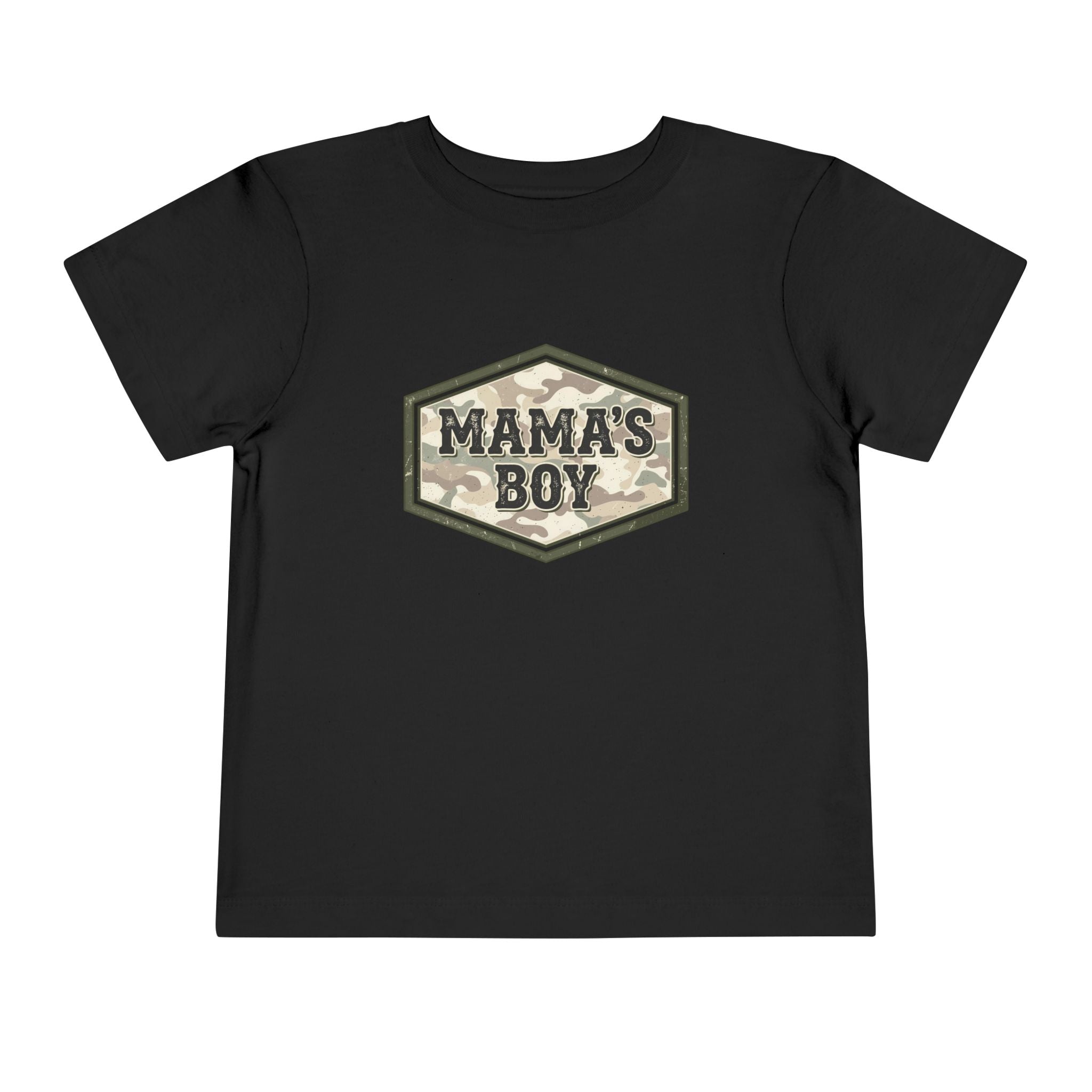 Mama's Boy Toddler Tee — Camo Badge Short Sleeve Shirt