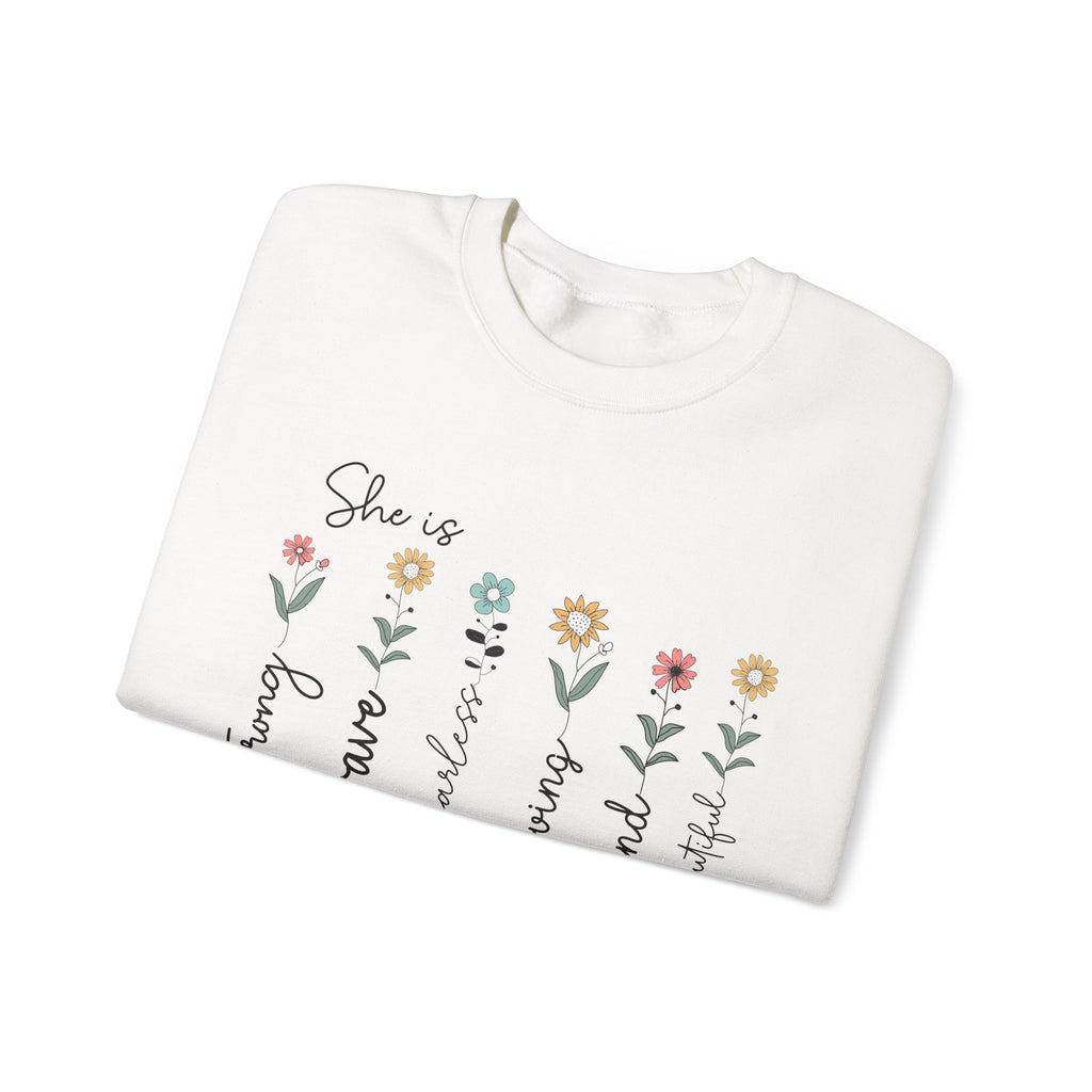 Crewneck Sweatshirt — "She is Strong, Brave, Beautiful, Loved, Kind" Floral Mom Gift
