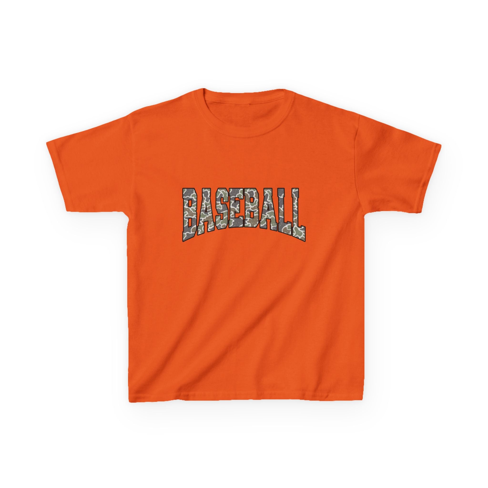Kids Baseball Tee — Camo Lettering Youth Sports Shirt