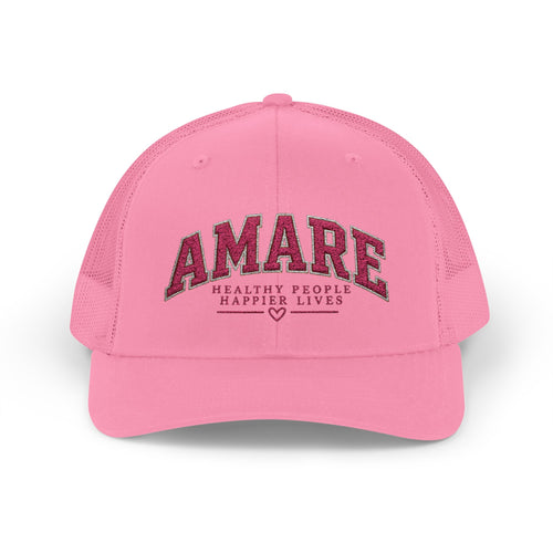 Amare Embroidered Trucker Cap — Floral Script Snapback Hat