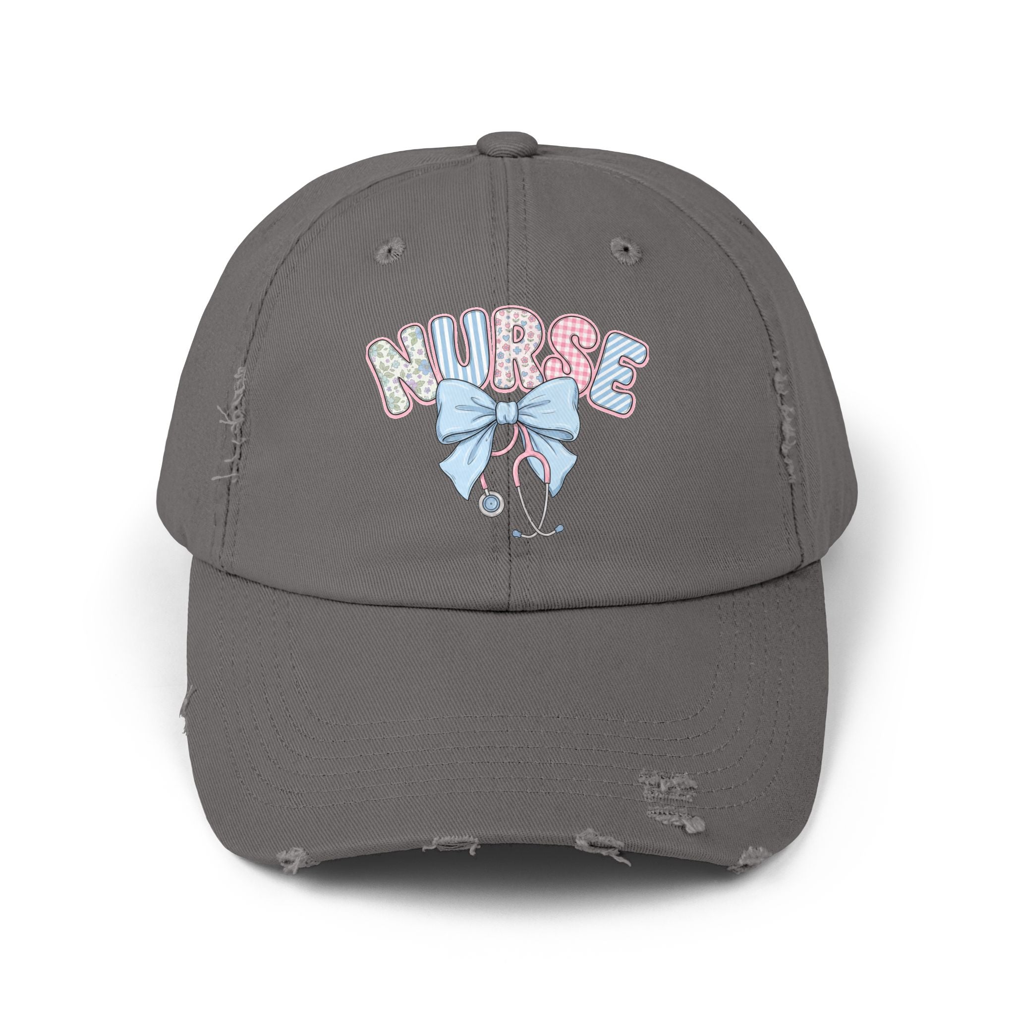 Nurse Distressed Cap Pink Floral Letters with Blue Bow