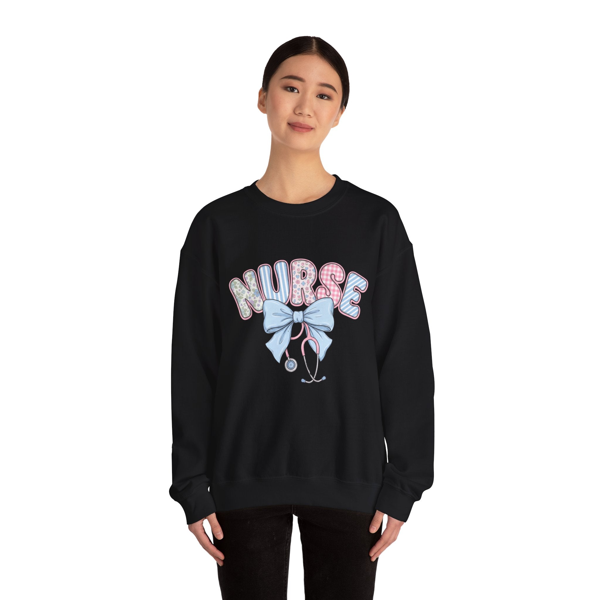 Nurse Crewneck Sweatshirt Pastel Bow & Stethoscope Design