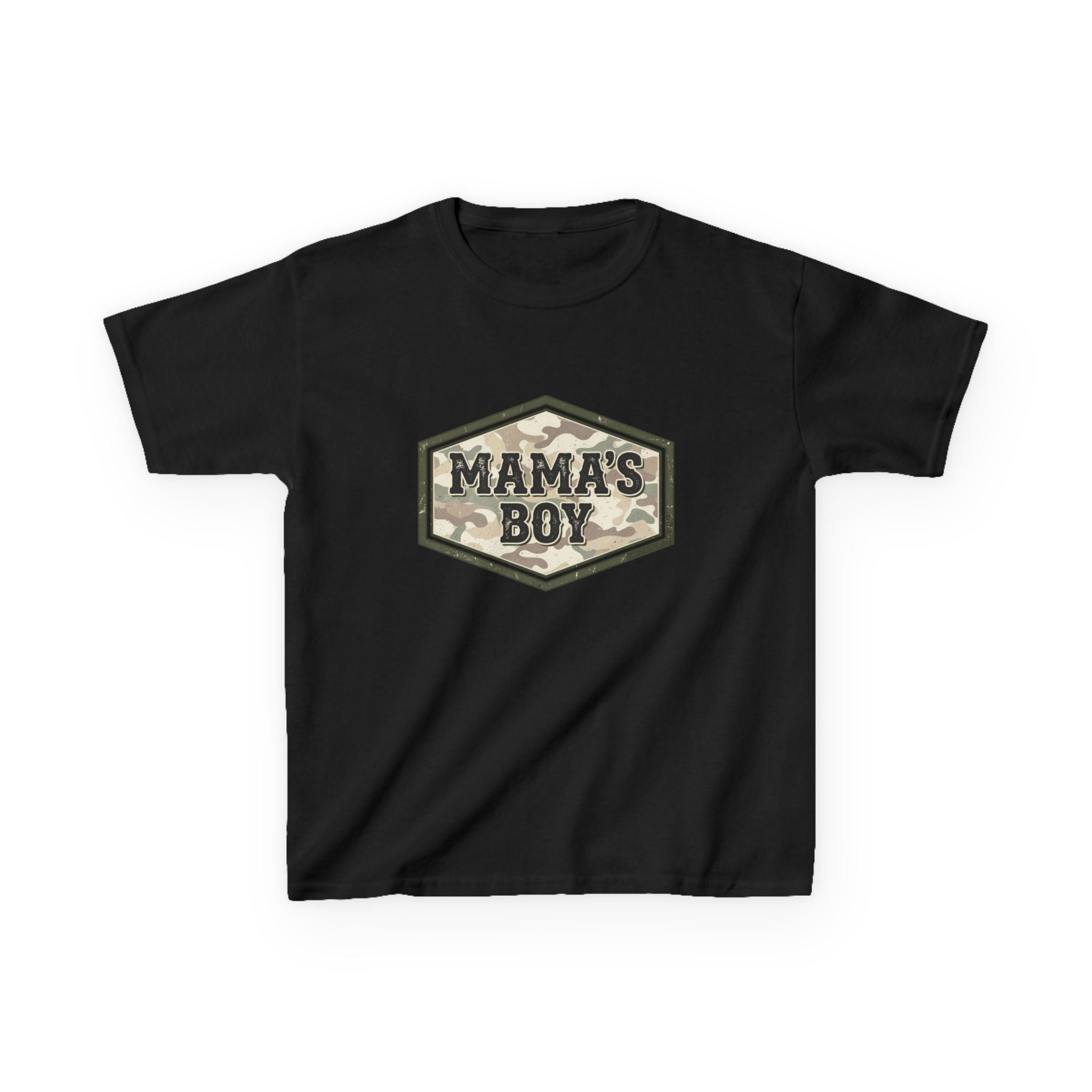 Kids T-Shirt — "Mama's Boy" Camo Badge Tee