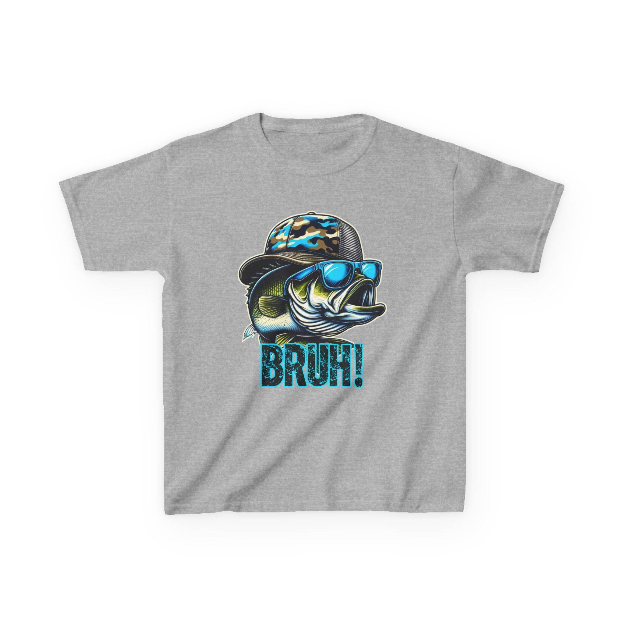 Kids Fishing Tee — Cool Bass Fish Wearing Camo Hat & 'BRUH!' Graphic