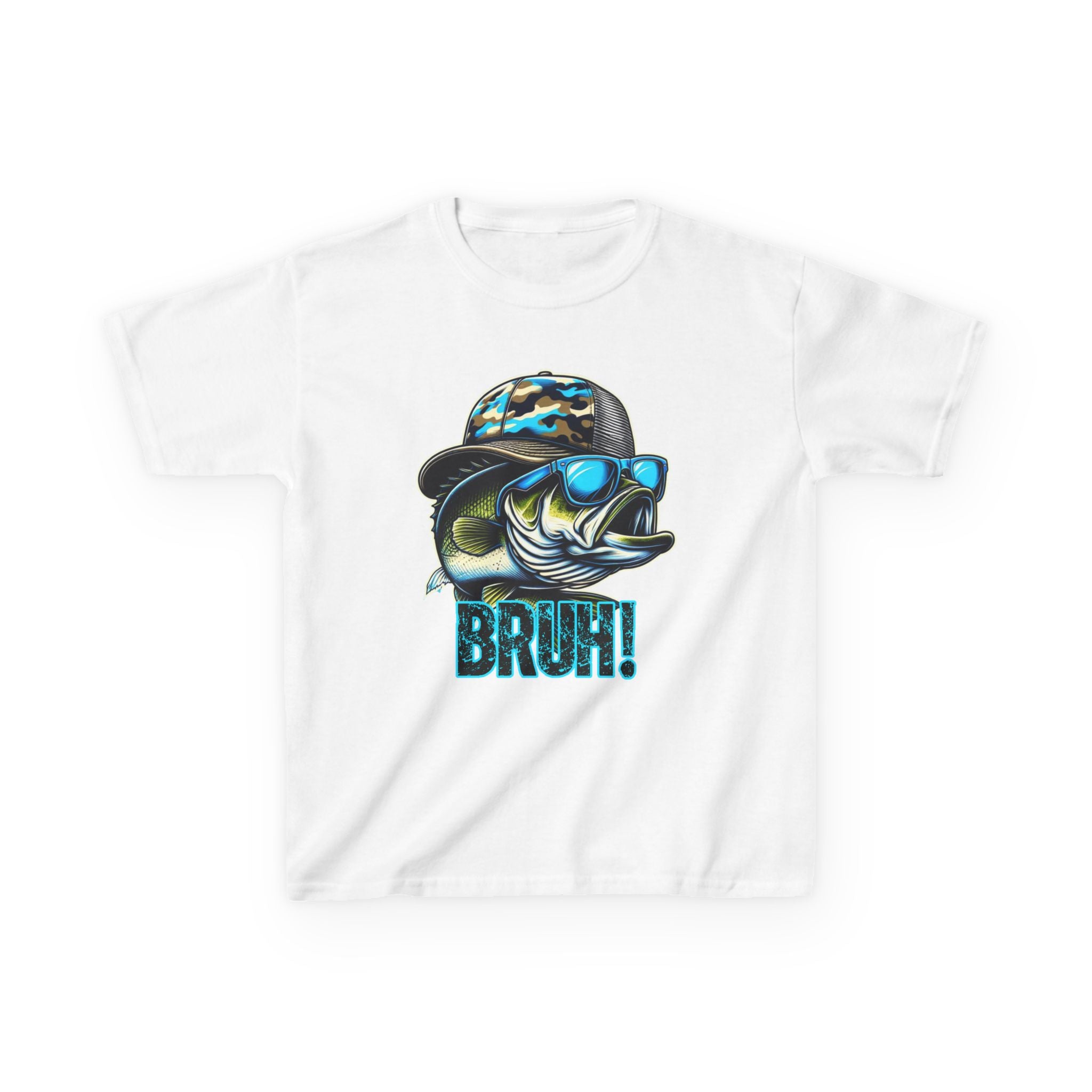 Kids Fishing Tee — Cool Bass Fish Wearing Camo Hat & 'BRUH!' Graphic