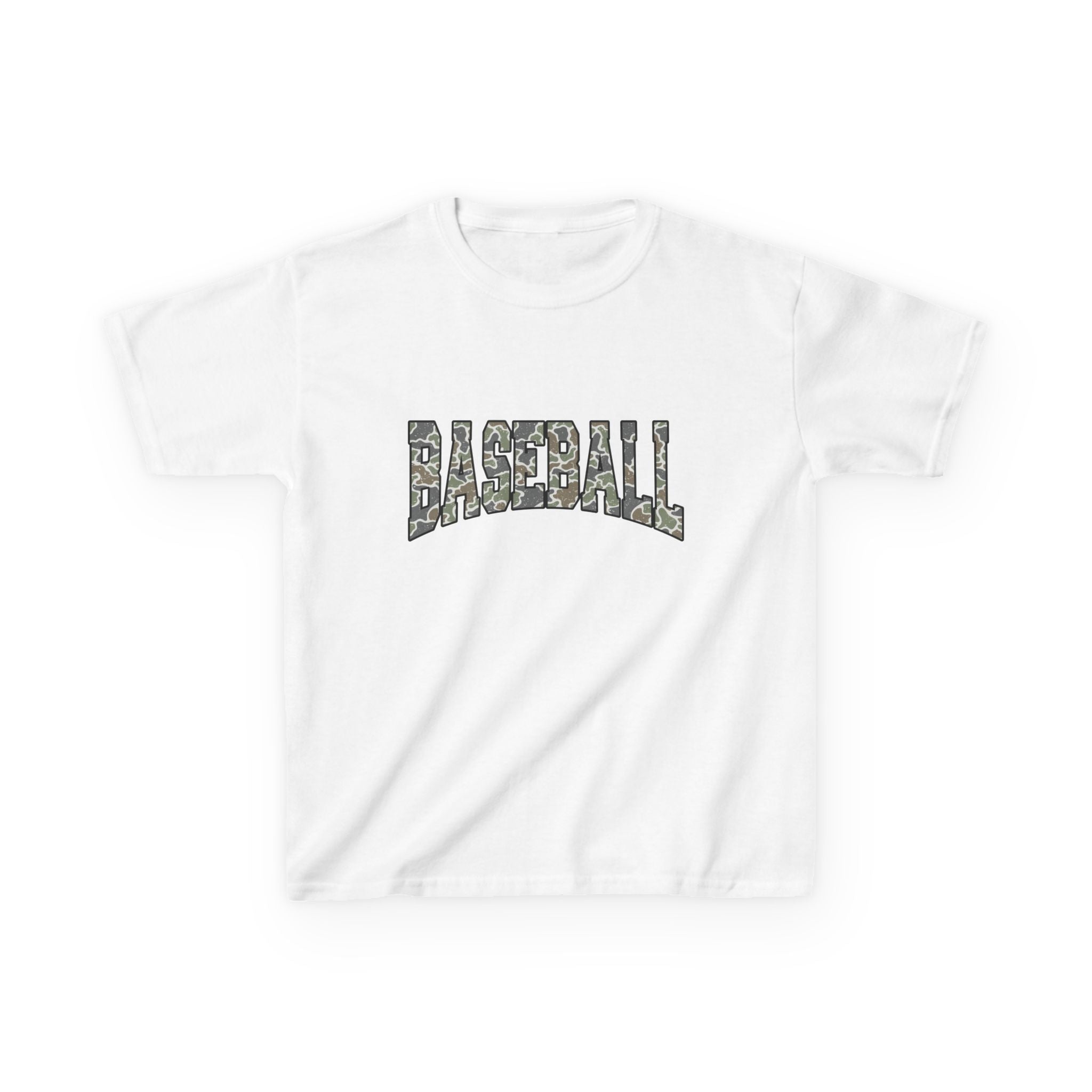 Kids Baseball Tee — Camo Lettering Youth Sports Shirt