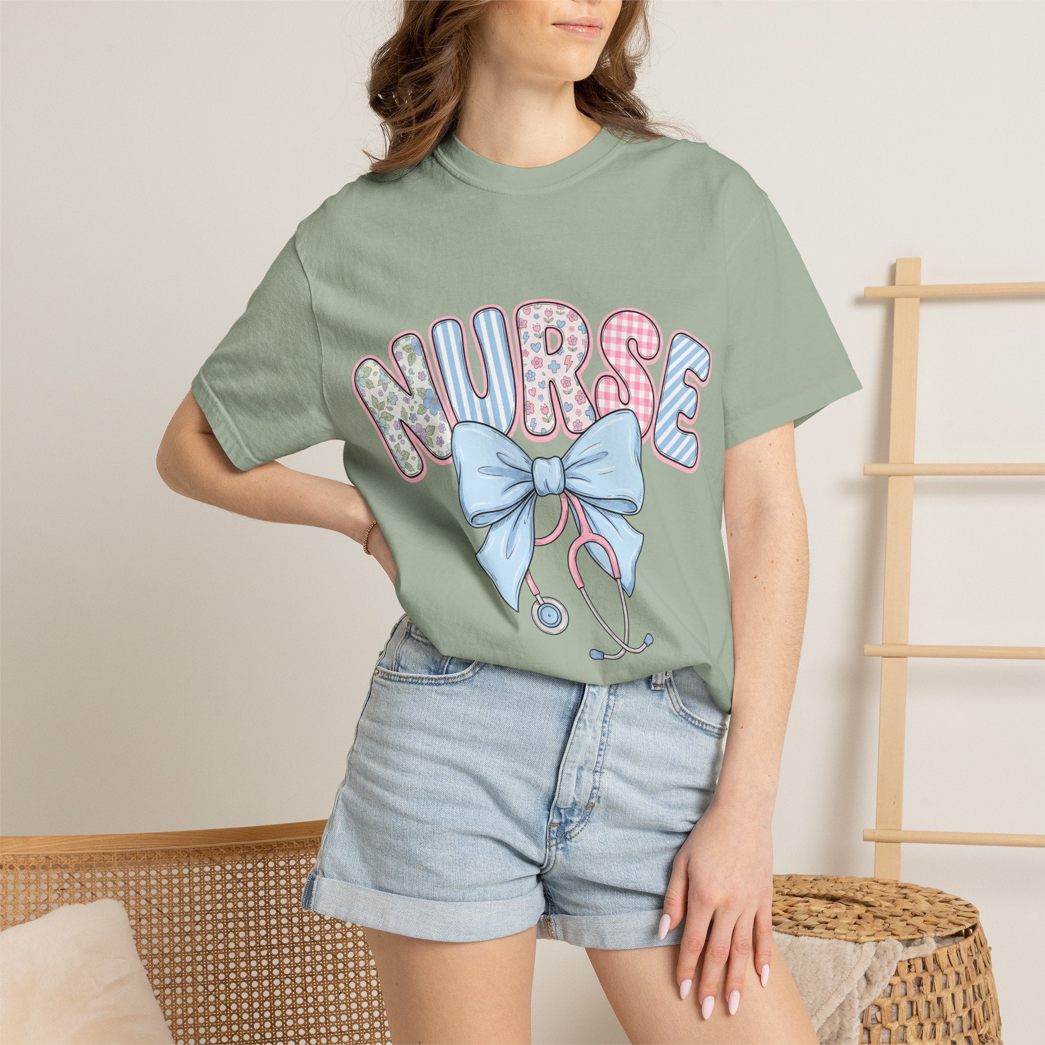 Nurse Bow Stethoscope T-Shirt Pastel Floral Nursing
