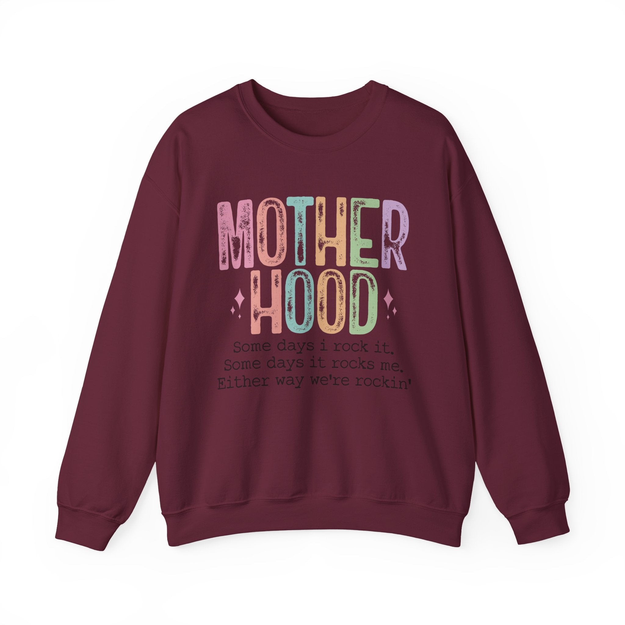 Motherhood Crewneck Sweatshirt — 'Motherhood' Colorful Retro Mom Life Pullover