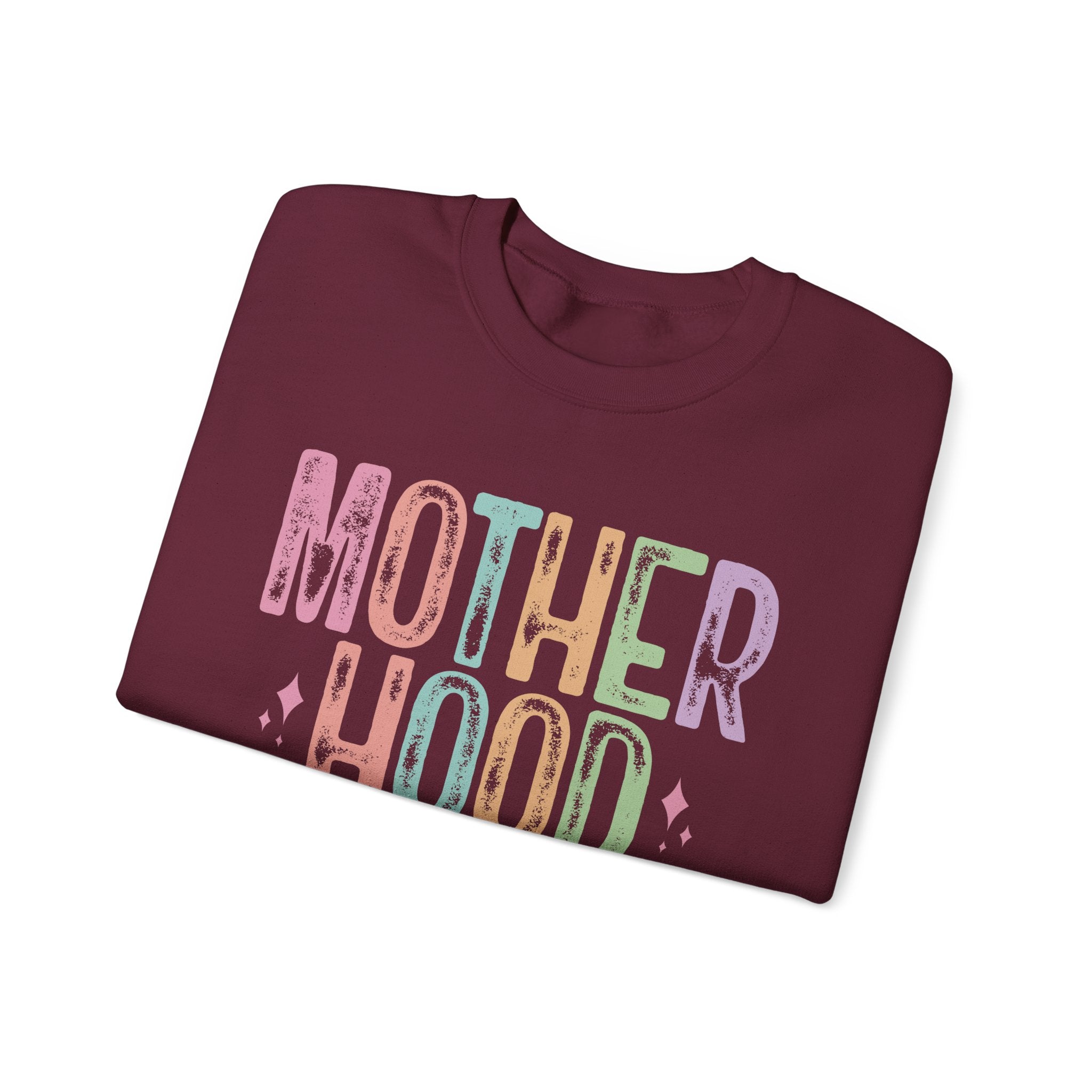 Motherhood Crewneck Sweatshirt — 'Motherhood' Colorful Retro Mom Life Pullover