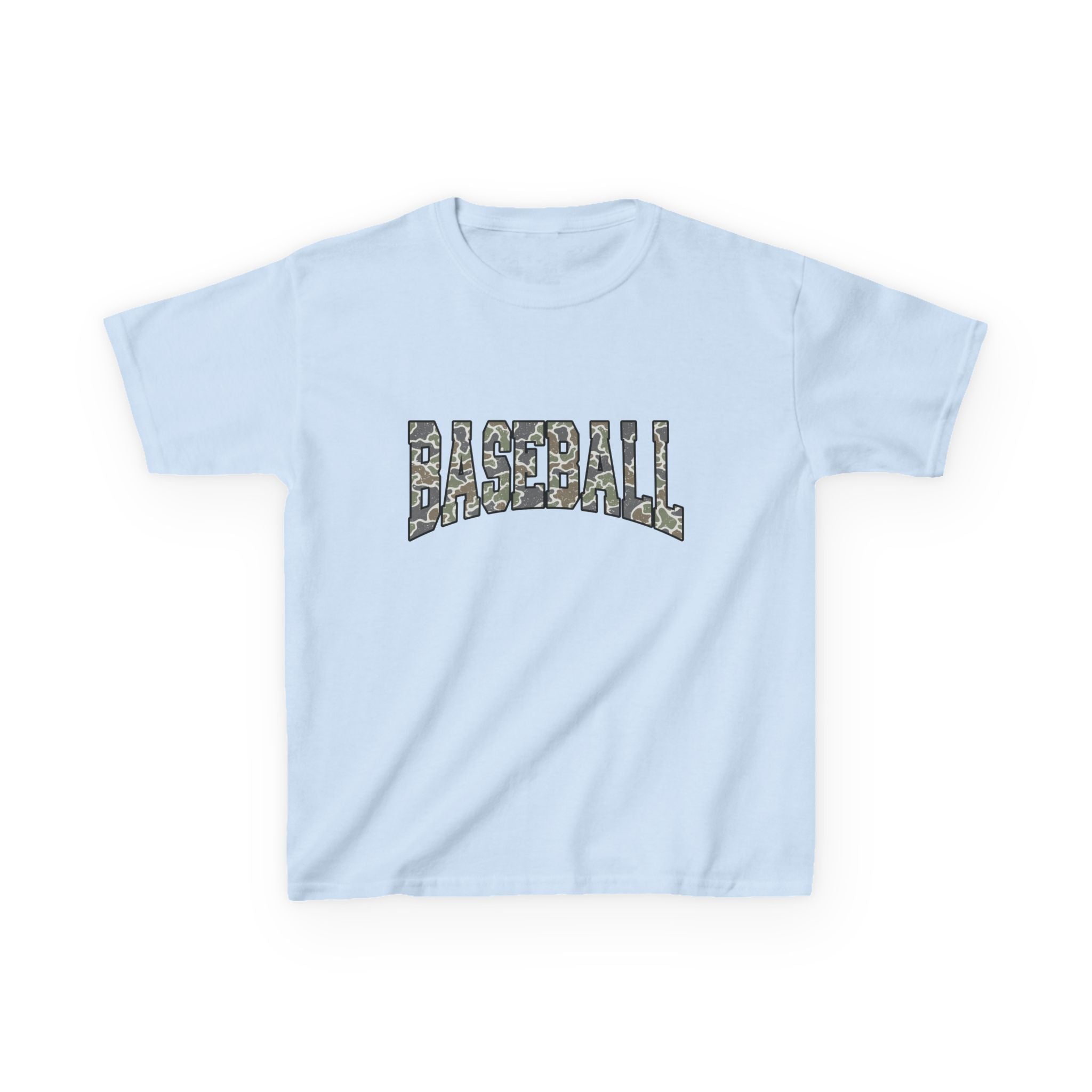 Kids Baseball Tee — Camo Lettering Youth Sports Shirt