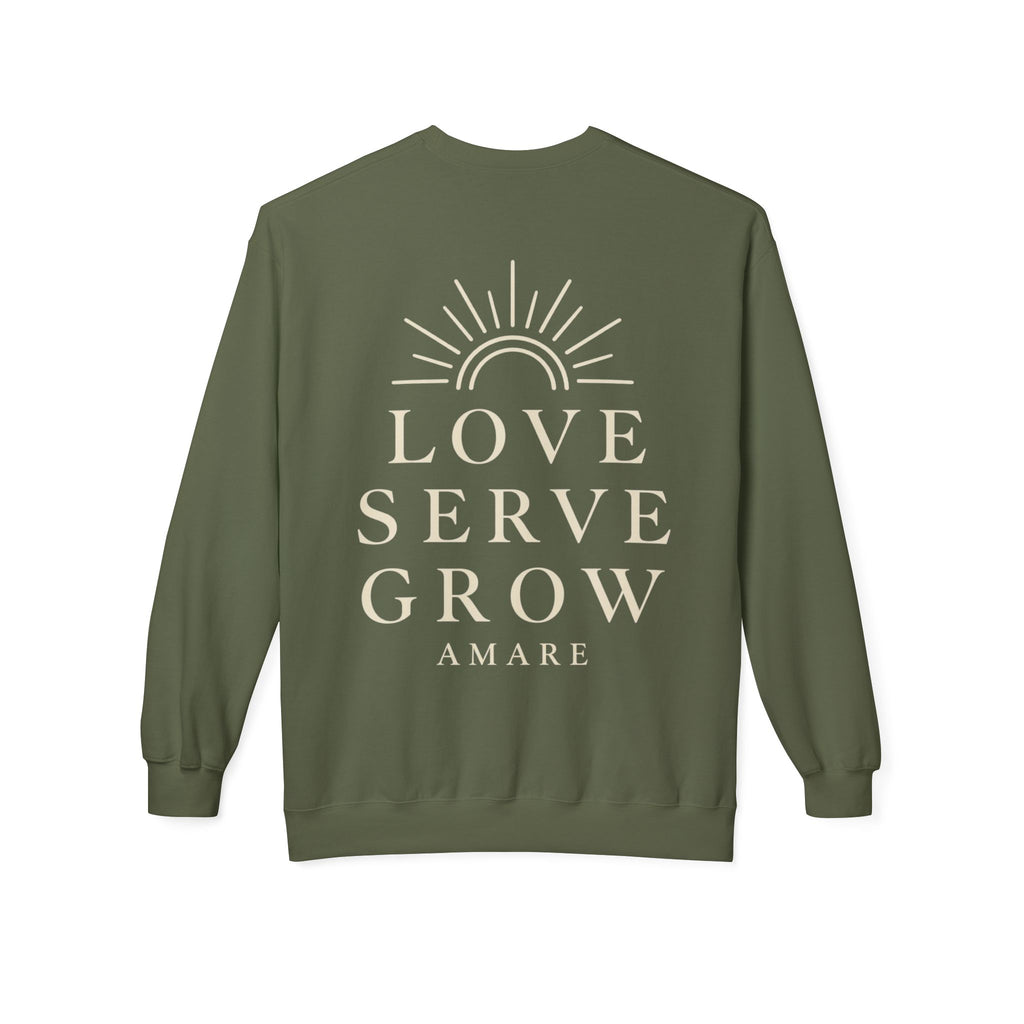 Amare 'Love Serve Grow' Crewneck Sweatshirt — Cozy Brown Inspirational Pullover