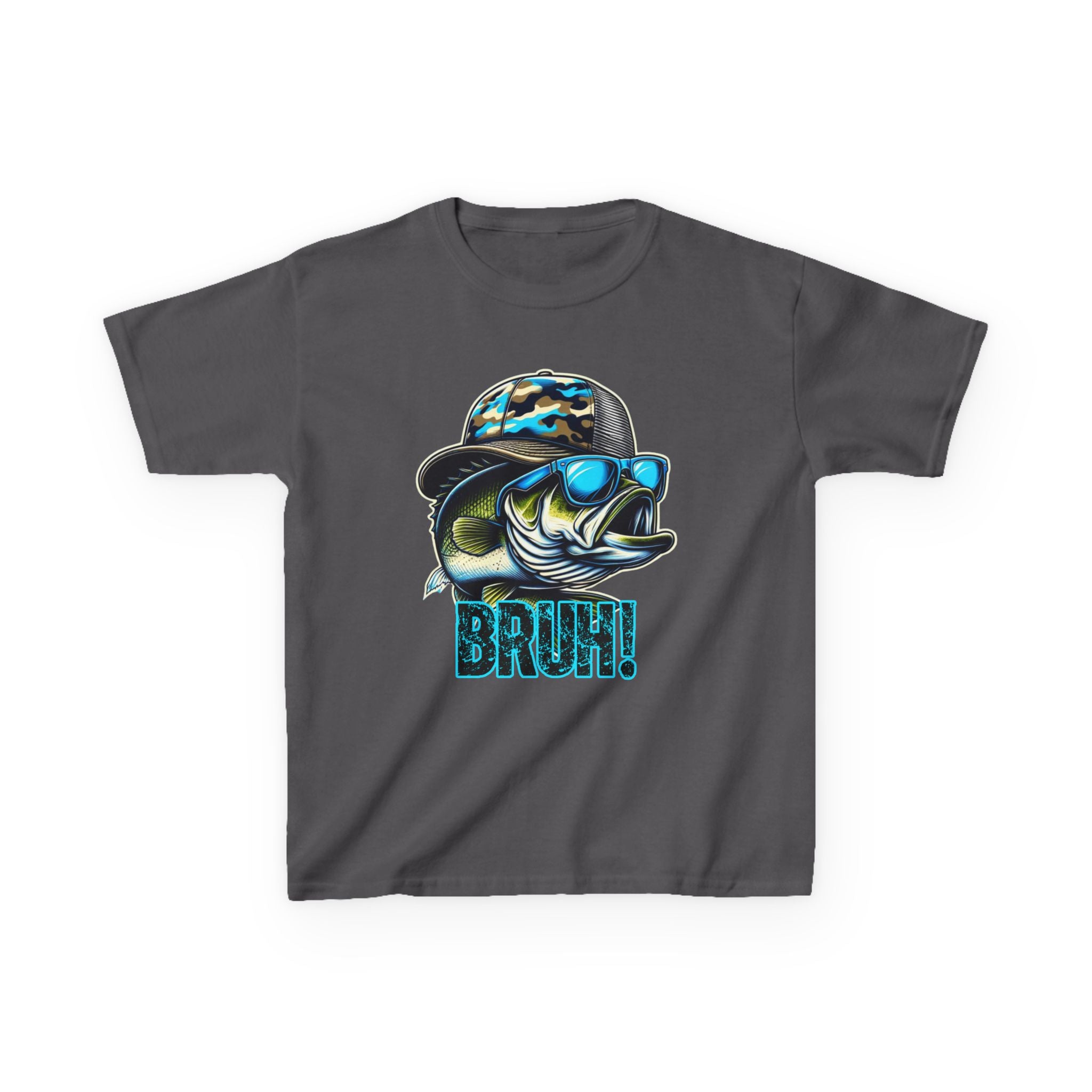 Kids Fishing Tee — Cool Bass Fish Wearing Camo Hat & 'BRUH!' Graphic