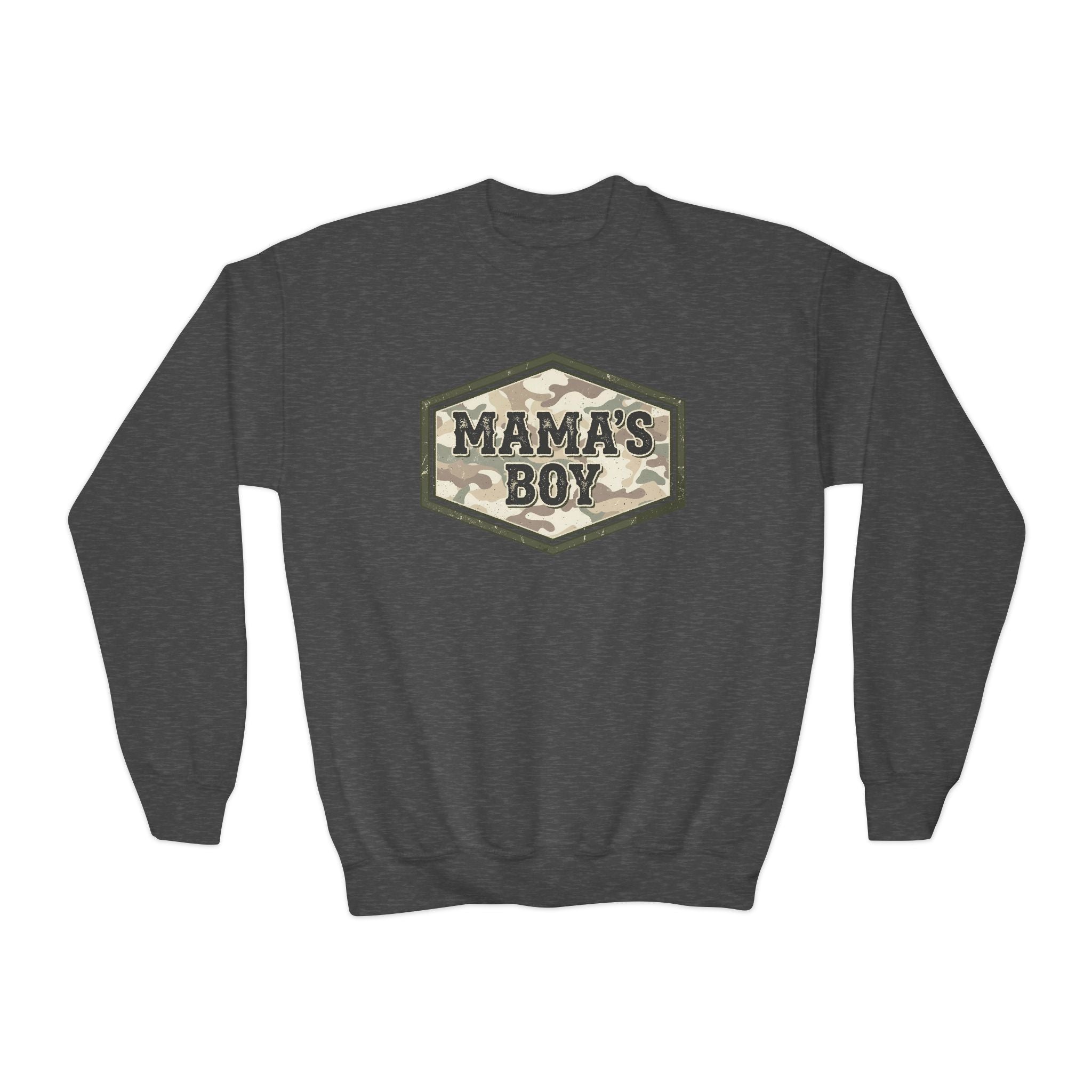 Mama's Boy Youth Crewneck Sweatshirt — Camo Badge Kids Pullover