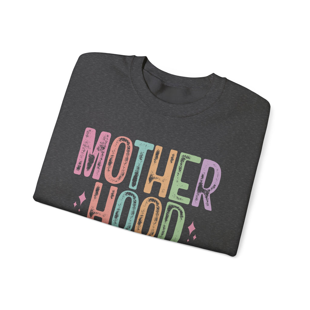 Motherhood Crewneck Sweatshirt — 'Motherhood' Colorful Retro Mom Life Pullover