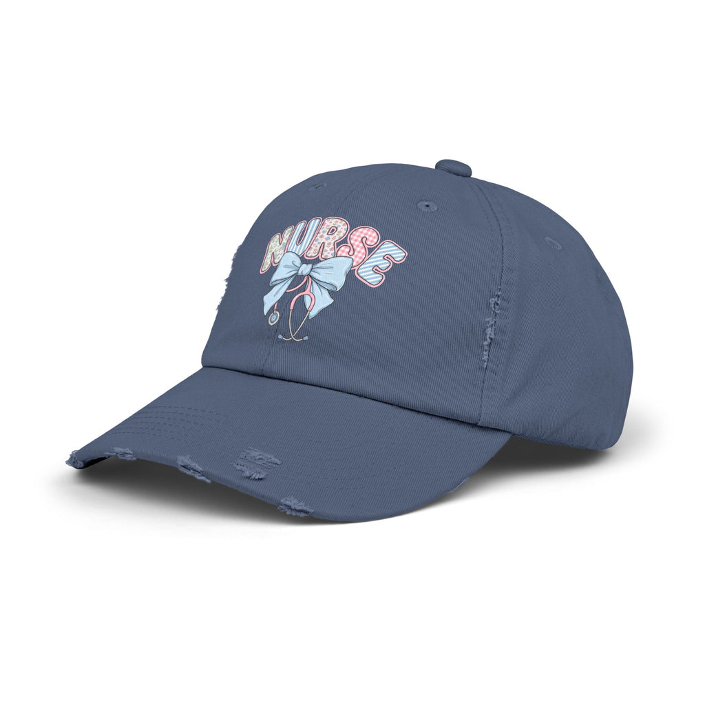Nurse Distressed Cap Pink Floral Letters with Blue Bow