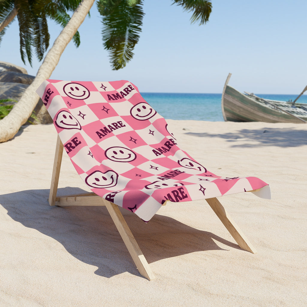Pink Checkerboard Smile Beach Towel — 'AMARE' Patterned Summer Towel