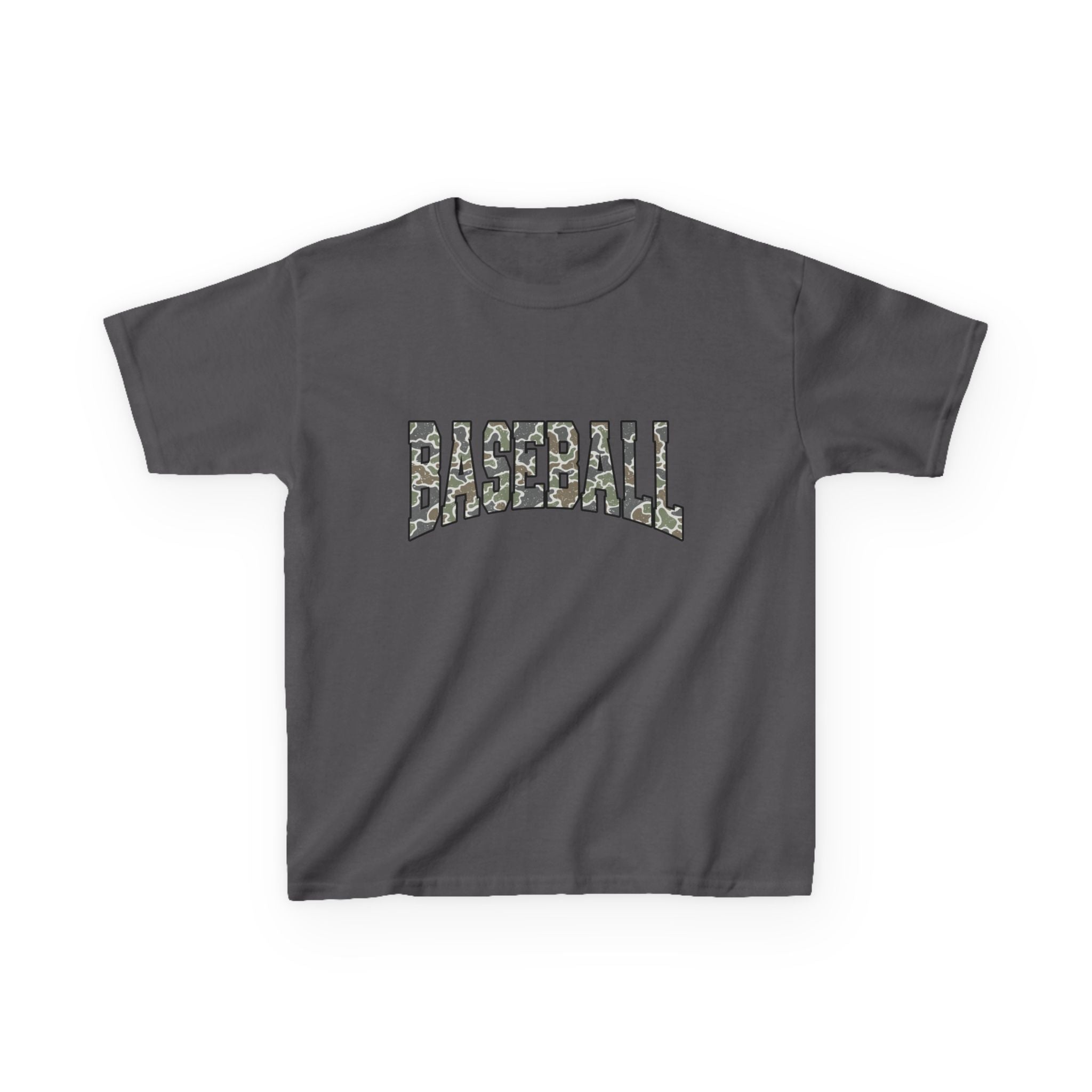 Kids Baseball Tee — Camo Lettering Youth Sports Shirt