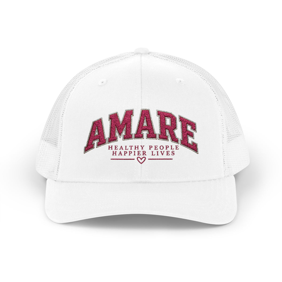 Amare Embroidered Trucker Cap — Floral Script Snapback Hat