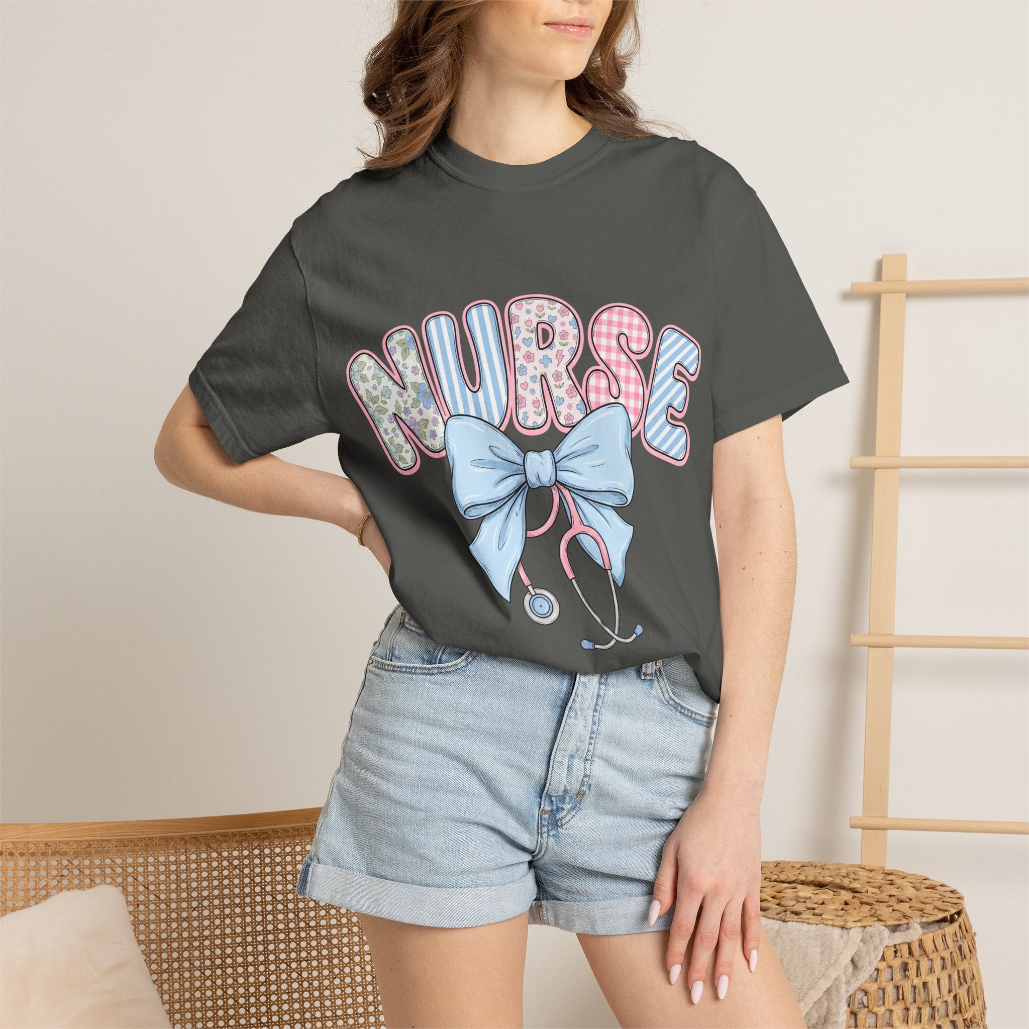 Nurse Bow Stethoscope T-Shirt Pastel Floral Nursing