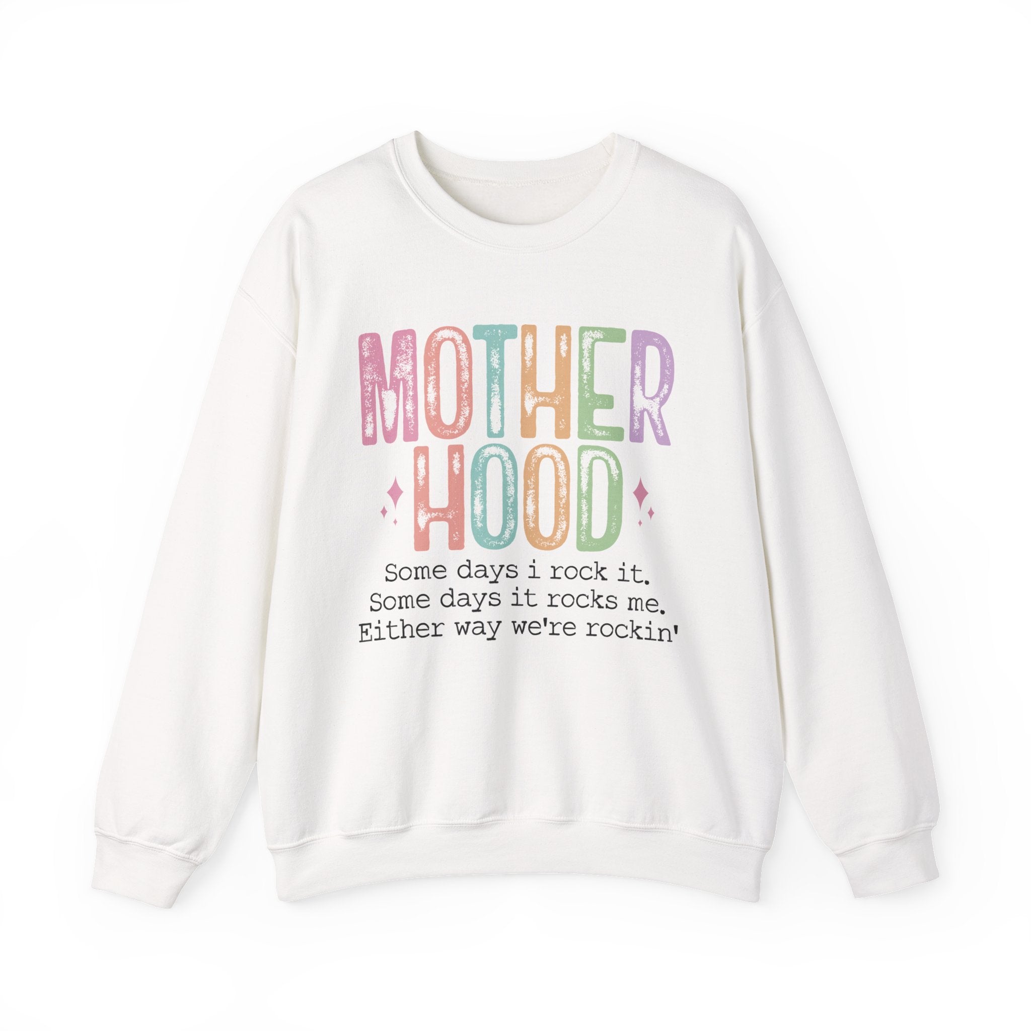 Motherhood Crewneck Sweatshirt — 'Motherhood' Colorful Retro Mom Life Pullover