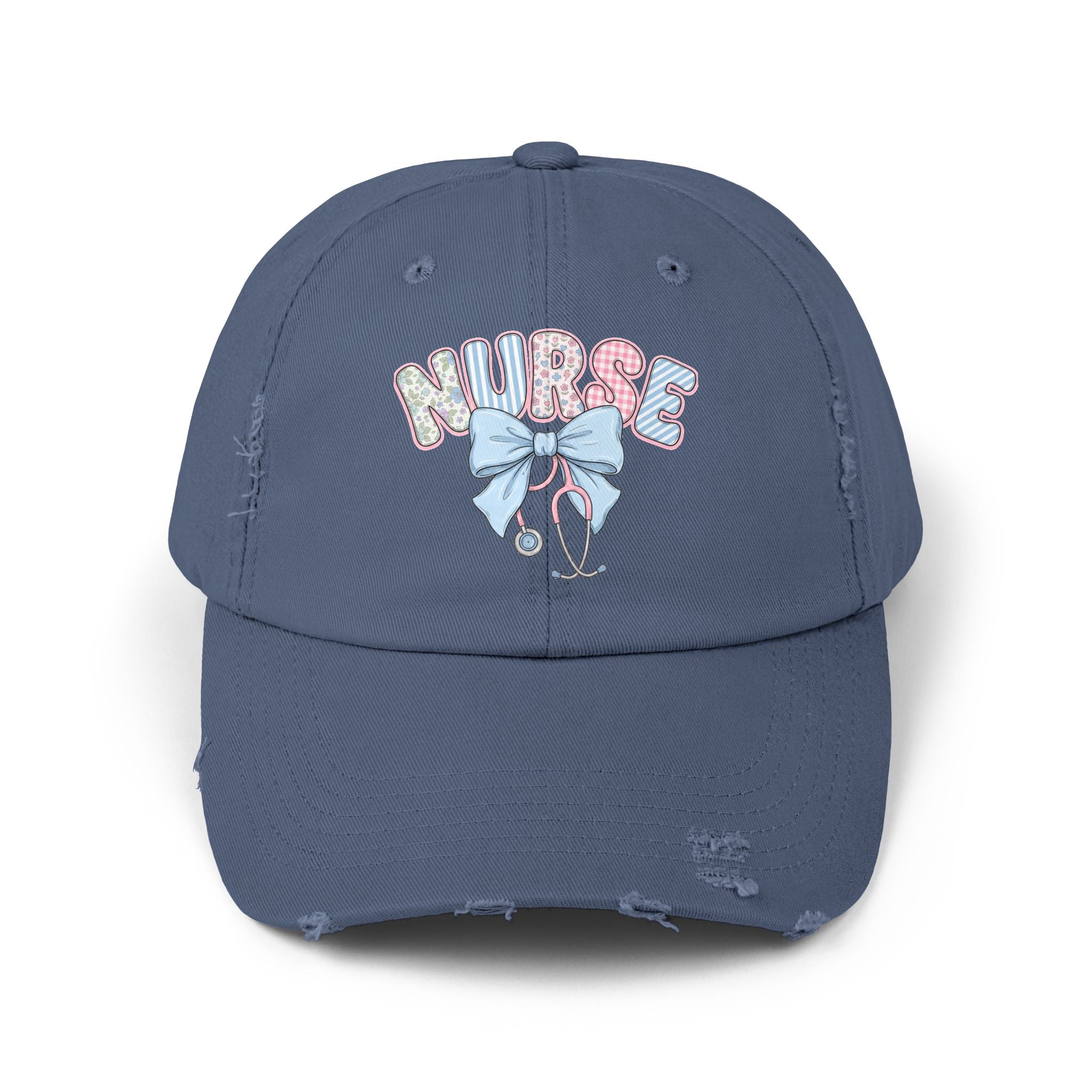 Nurse Distressed Cap Pink Floral Letters with Blue Bow