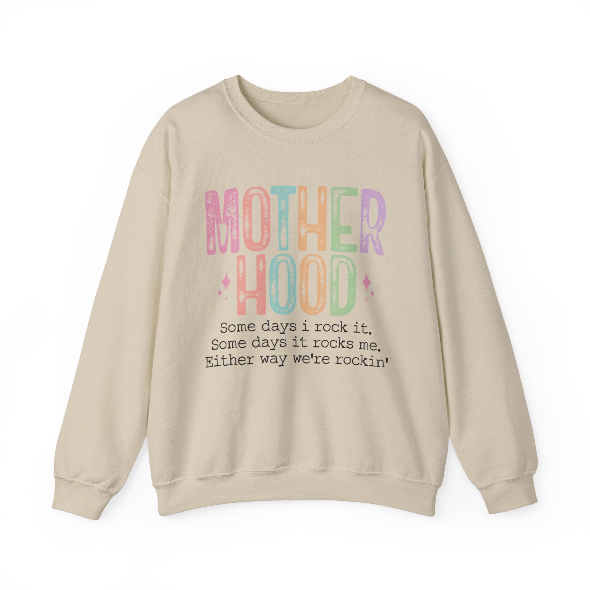 Motherhood Crewneck Sweatshirt — 'Motherhood' Colorful Retro Mom Life Pullover