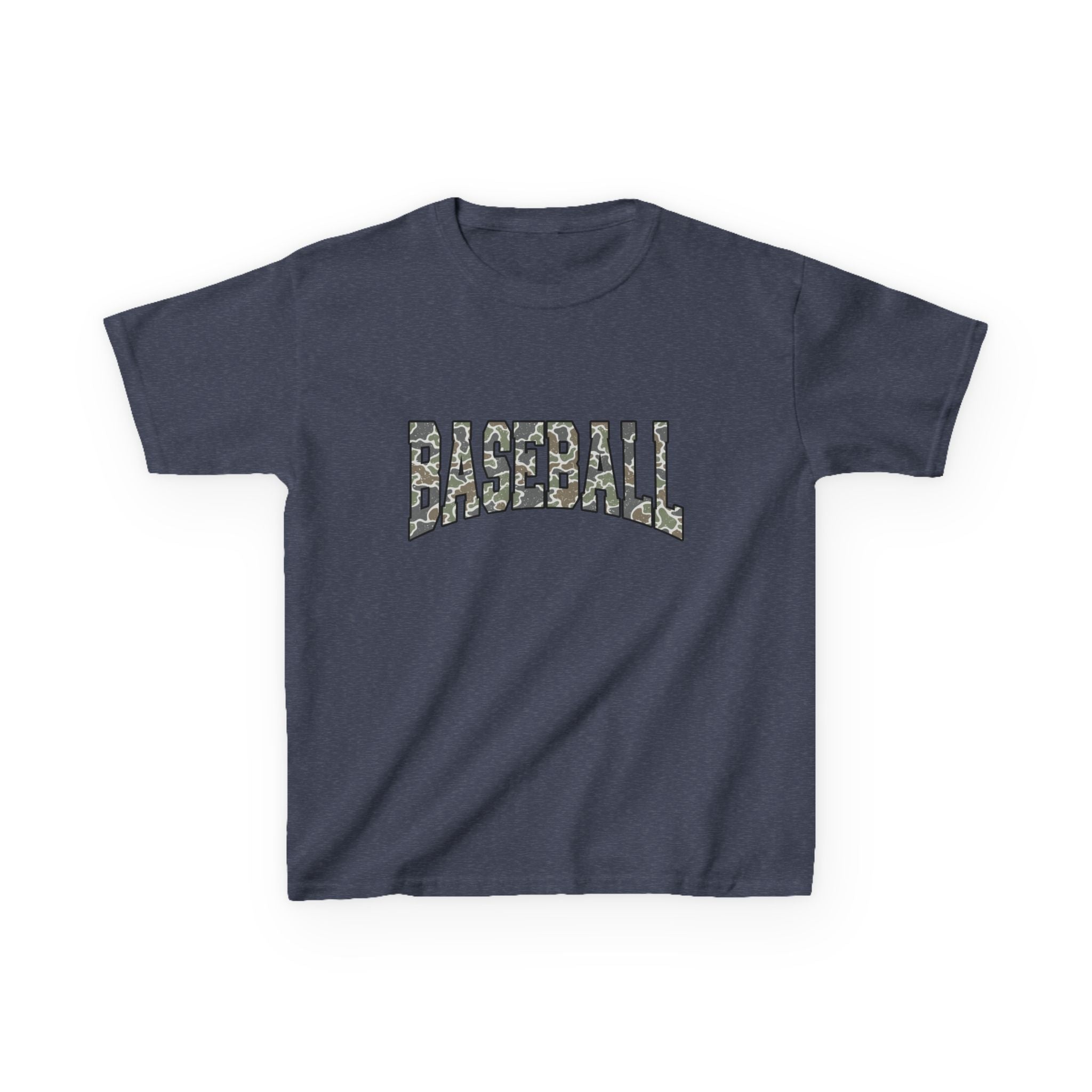 Kids Baseball Tee — Camo Lettering Youth Sports Shirt