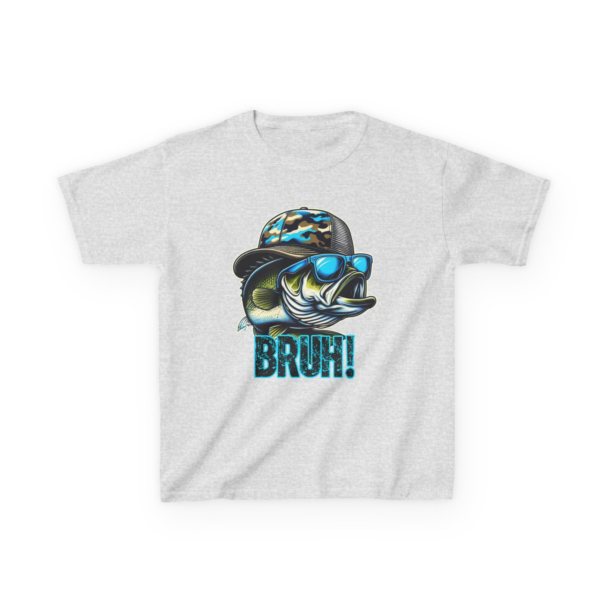 Kids Fishing Tee — Cool Bass Fish Wearing Camo Hat & 'BRUH!' Graphic