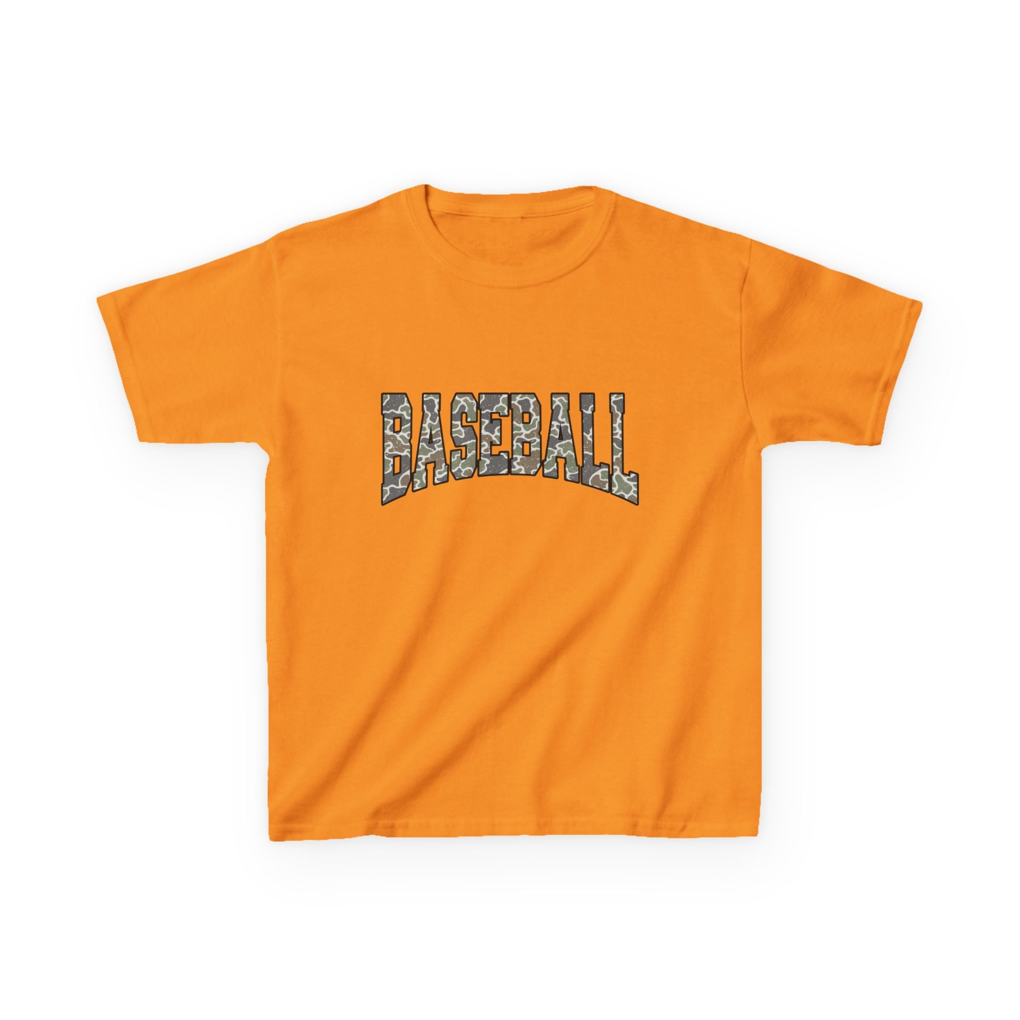 Kids Baseball Tee — Camo Lettering Youth Sports Shirt