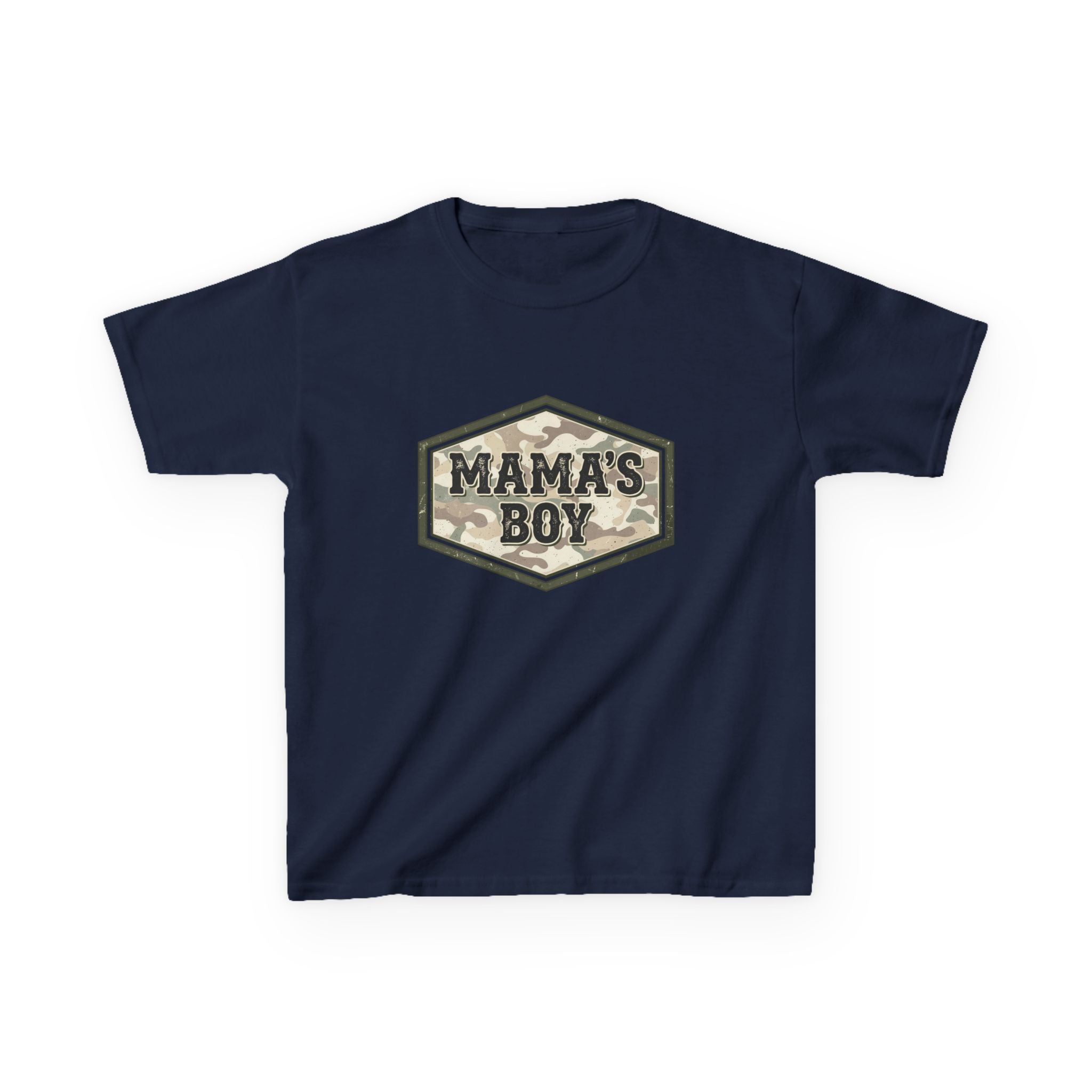 Kids T-Shirt — "Mama's Boy" Camo Badge Tee