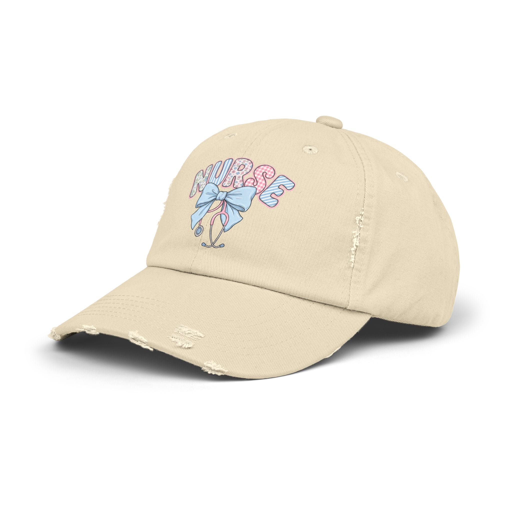 Nurse Distressed Cap Pink Floral Letters with Blue Bow