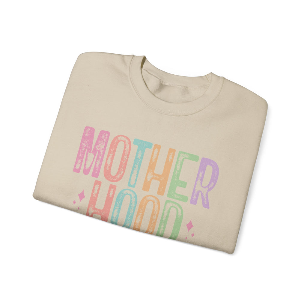 Motherhood Crewneck Sweatshirt — 'Motherhood' Colorful Retro Mom Life Pullover