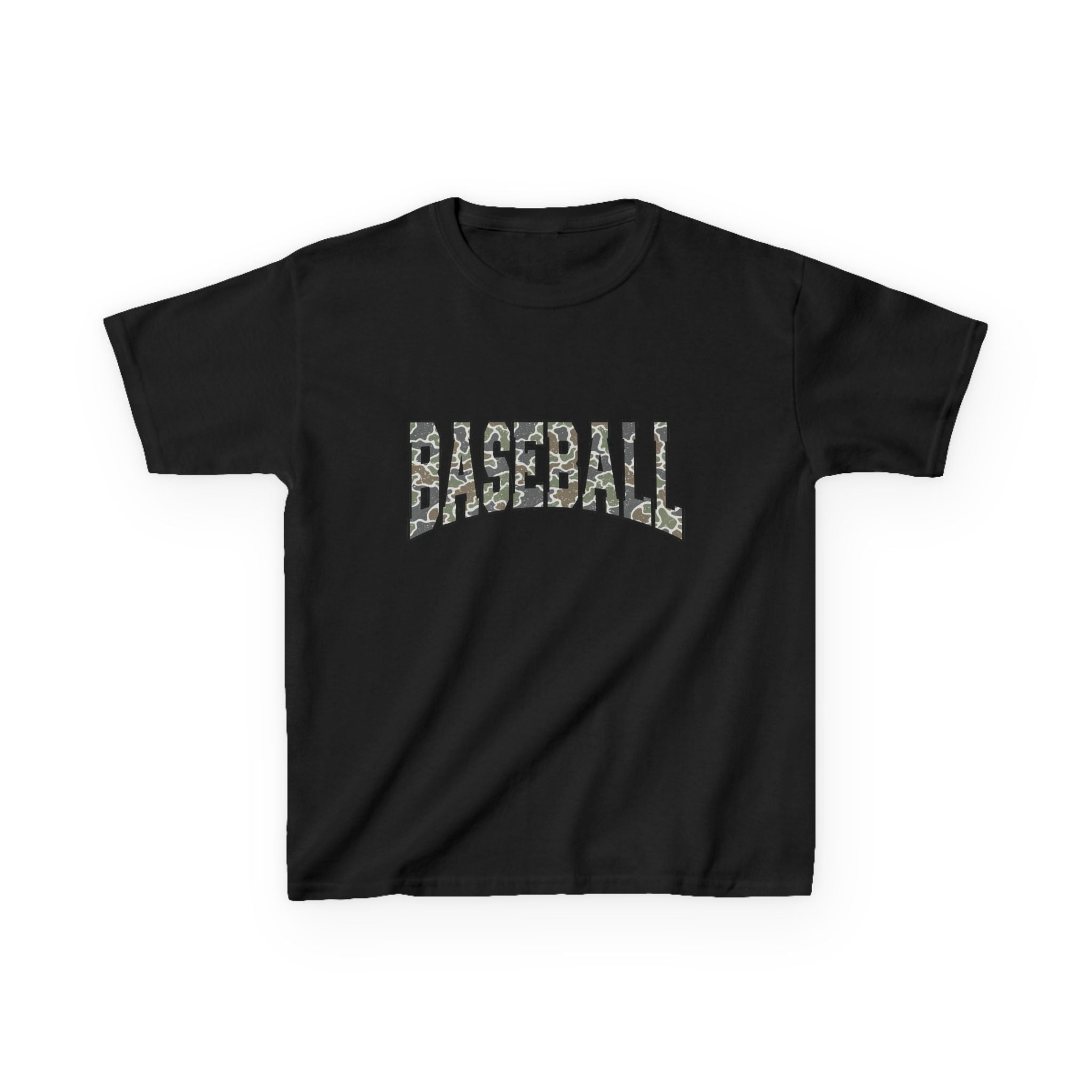 Kids Baseball Tee — Camo Lettering Youth Sports Shirt