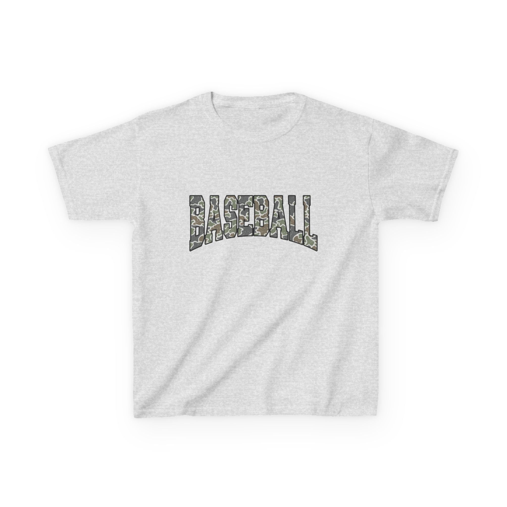 Kids Baseball Tee — Camo Lettering Youth Sports Shirt